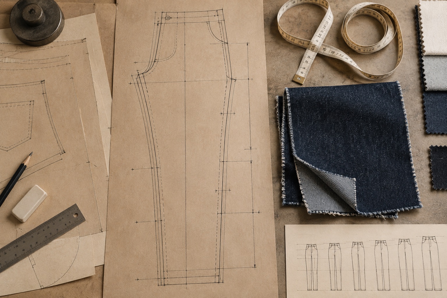 Conceptual illustration of trouser pattern pieces, a measuring tape, and denim swatches