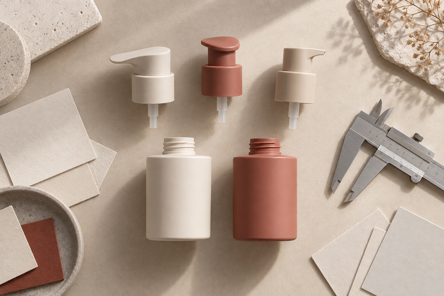 skincare packaging prototypes arranged for a conceptual design study.