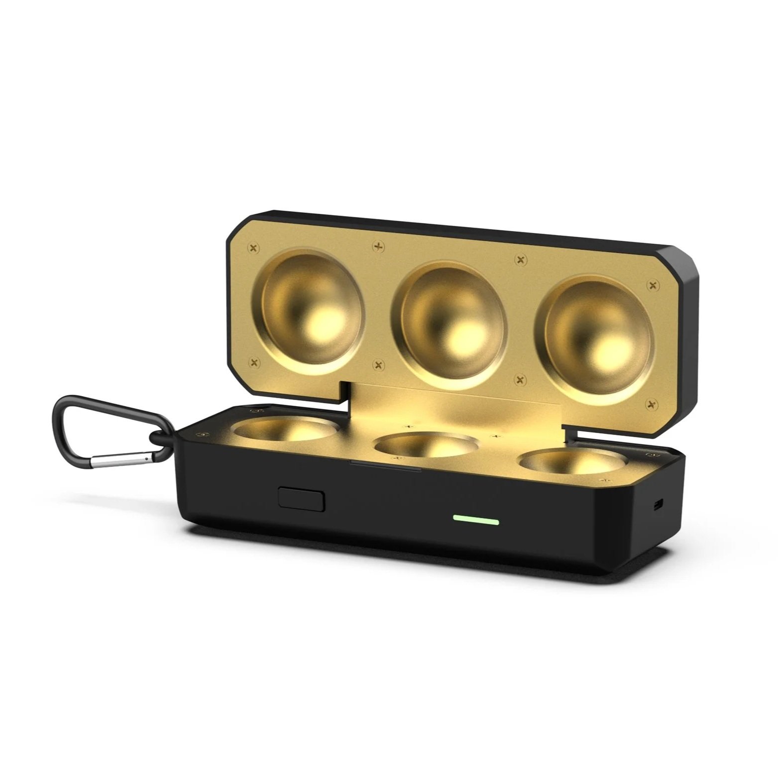 A black and gold portable electric egg cooker with three cooking trays and a attached carabiner for hanging.
