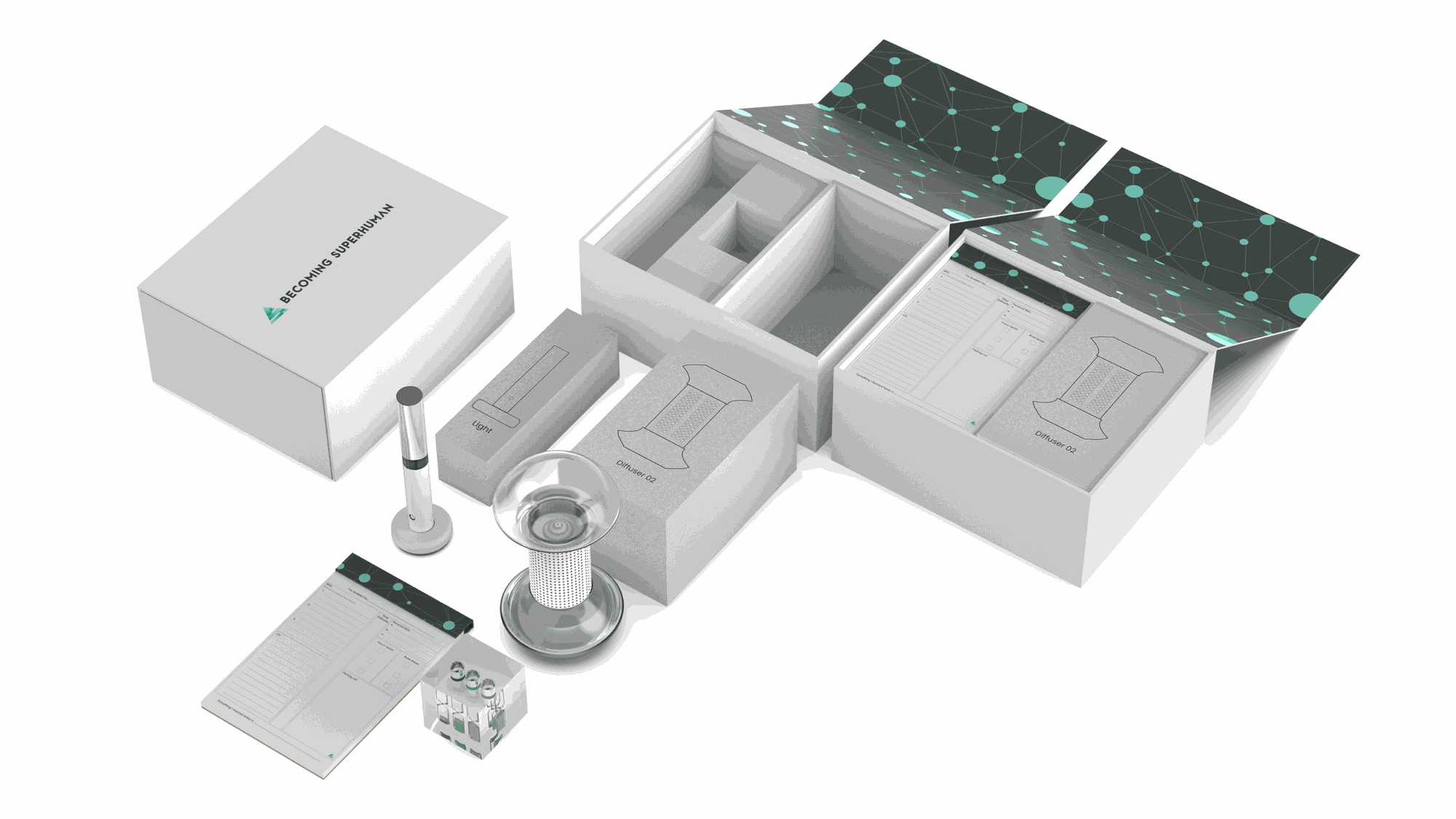 Unboxed air purifier components including a main unit, a diffuser, a light, a power cord, and instruction sheets, all arranged on a white surface with packaging in the background.