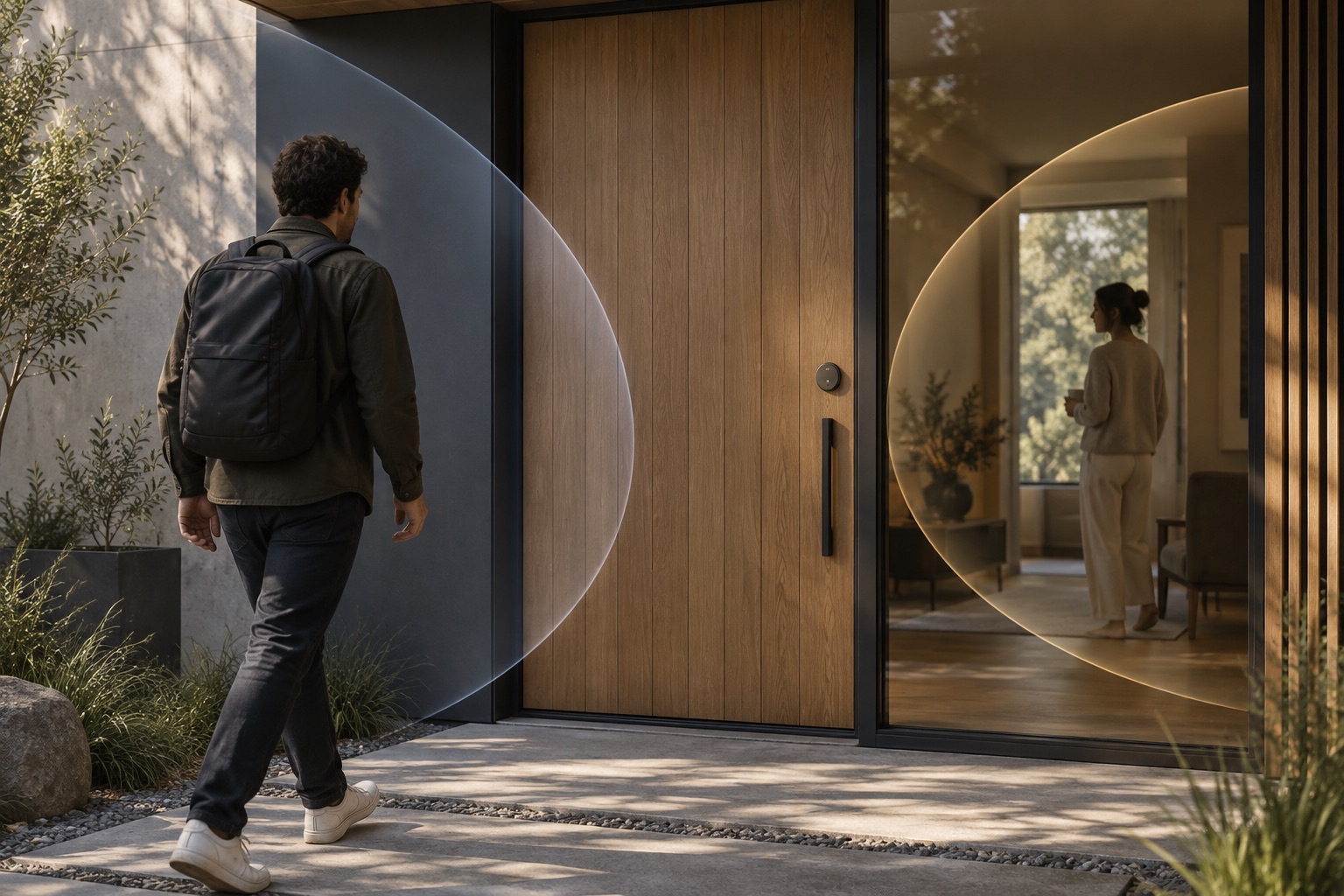 Conceptual view of a person approaching a front door while another person is inside, illustrating different movement contexts.