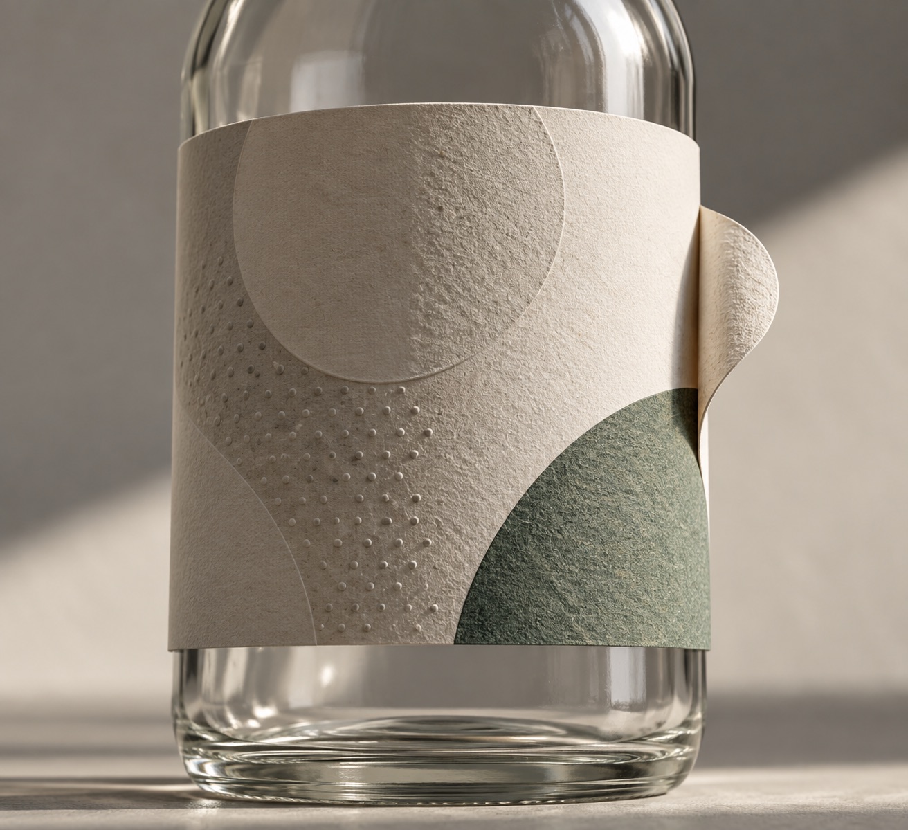 Conceptual illustration, not the real label: close-up of an abstract, typography-free paper label wrapped around a generic glass bottle.
