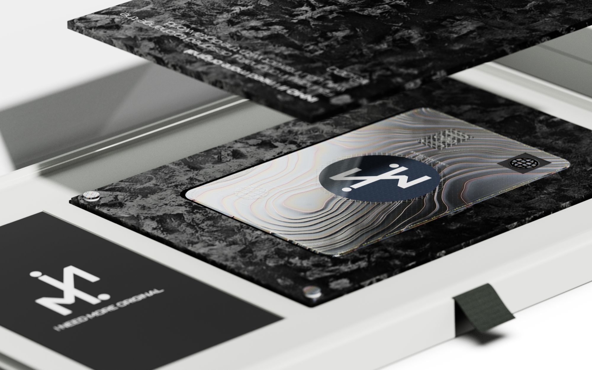 Close-up of a high-tech ID card with a black and white abstract pattern, a prominent logo, and a chip, placed on a black marble surface with a card reader and a black strap.