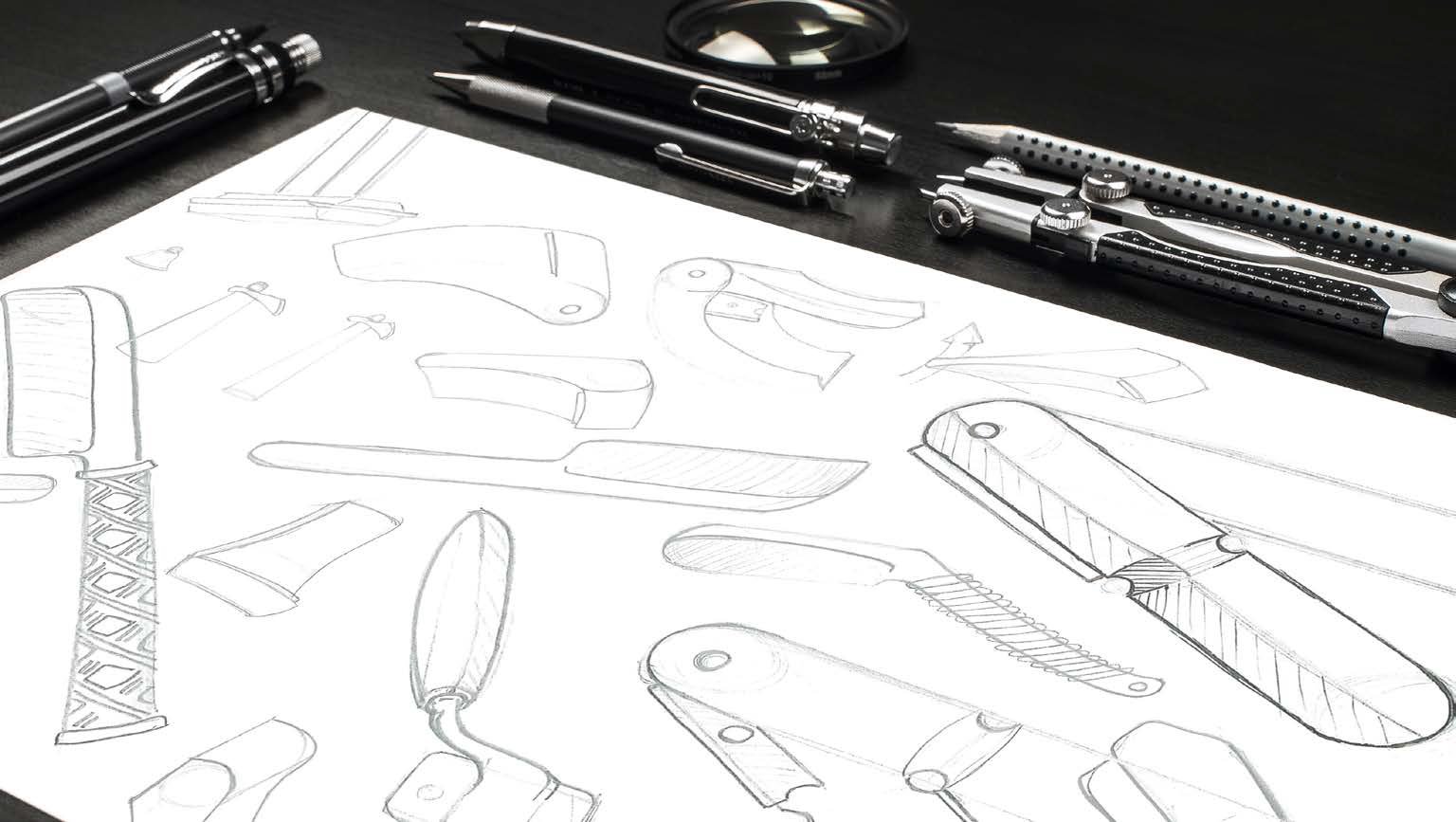 Hand-drawn concept sketches of razors and grooming tools surrounded by technical drawing instruments.