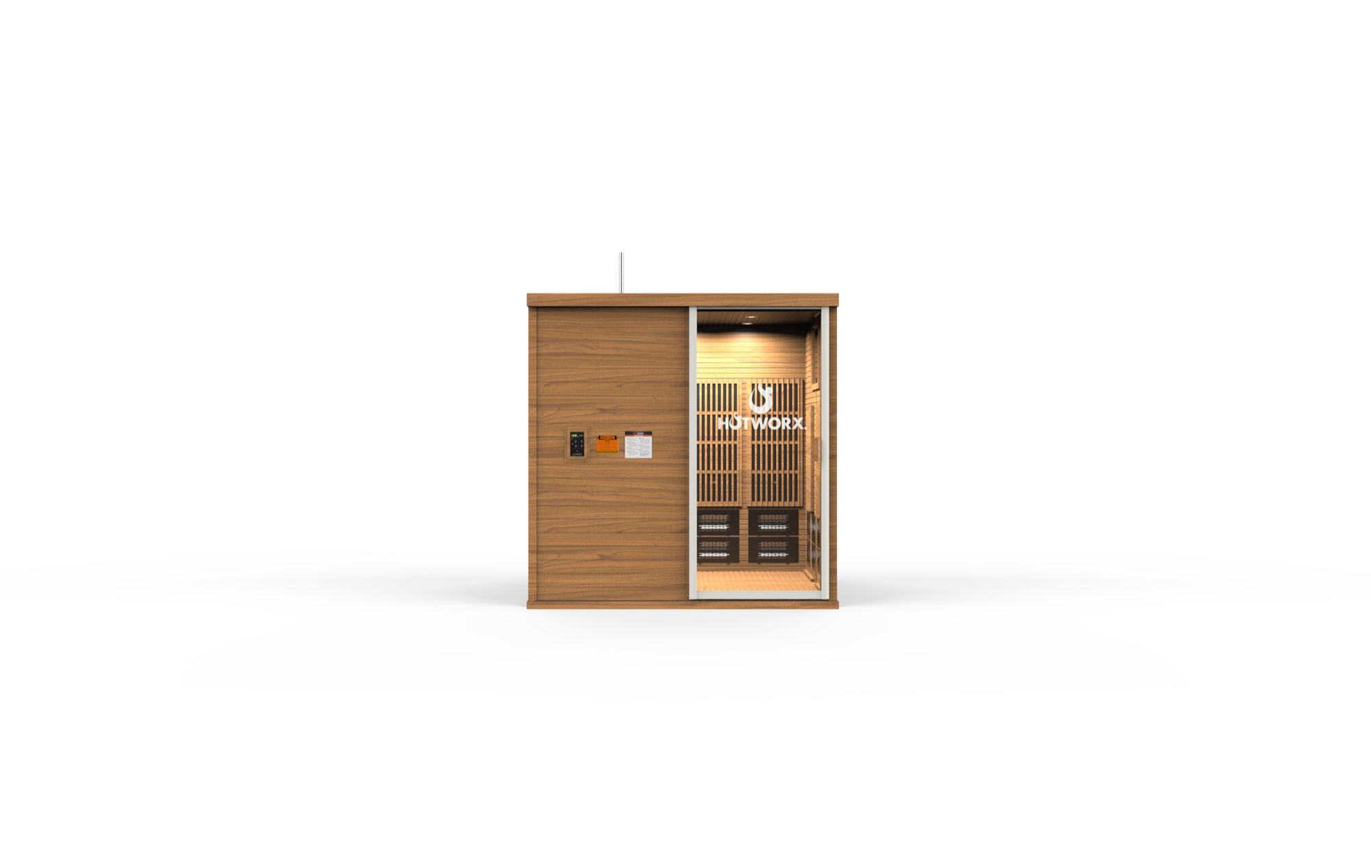 A modern outdoor sauna with a wooden exterior and glass door, featuring a logo that reads 'HotWorx' in white.