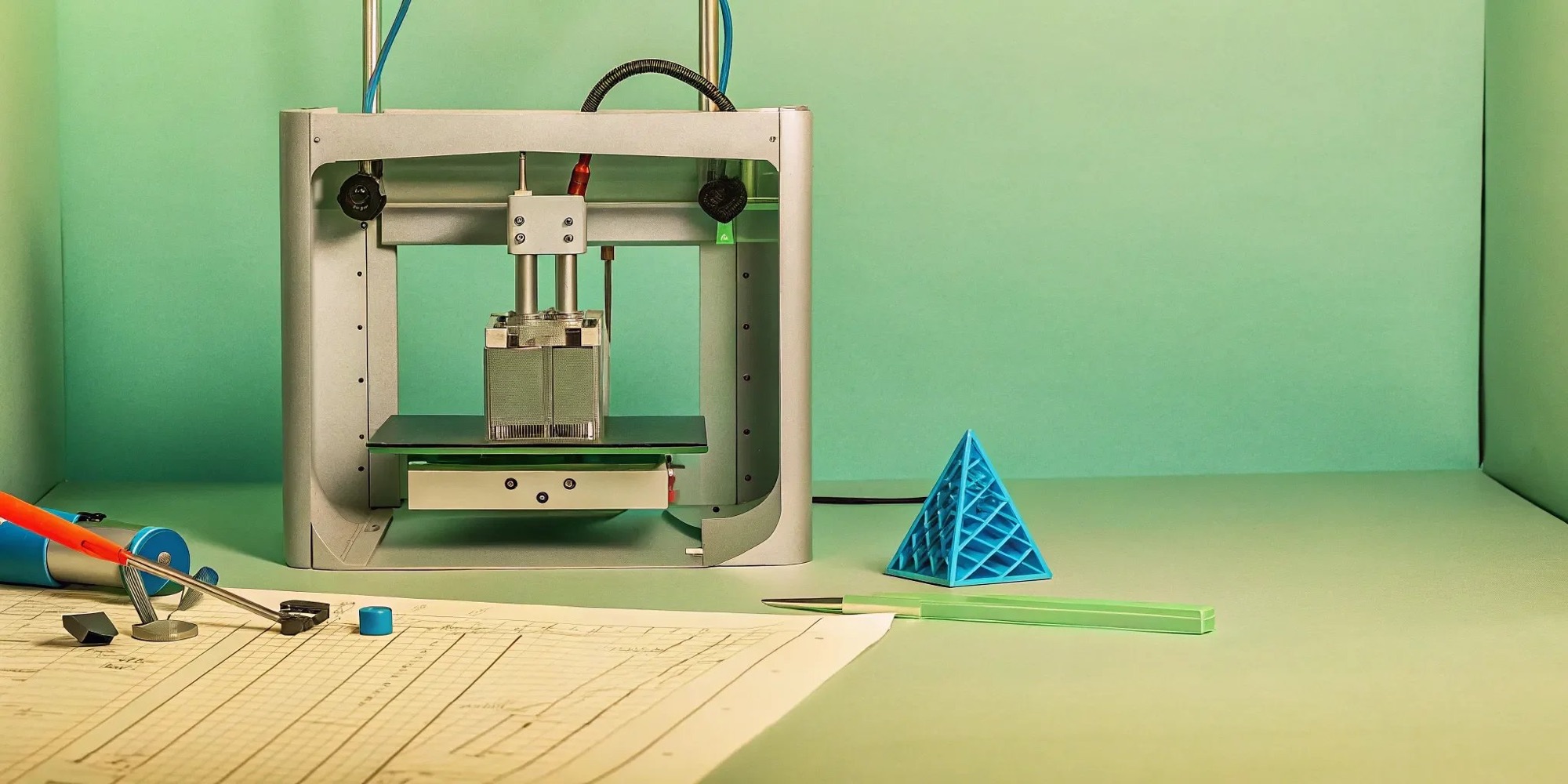 3D printer, blueprint, and tools symbolize consumer product development.
