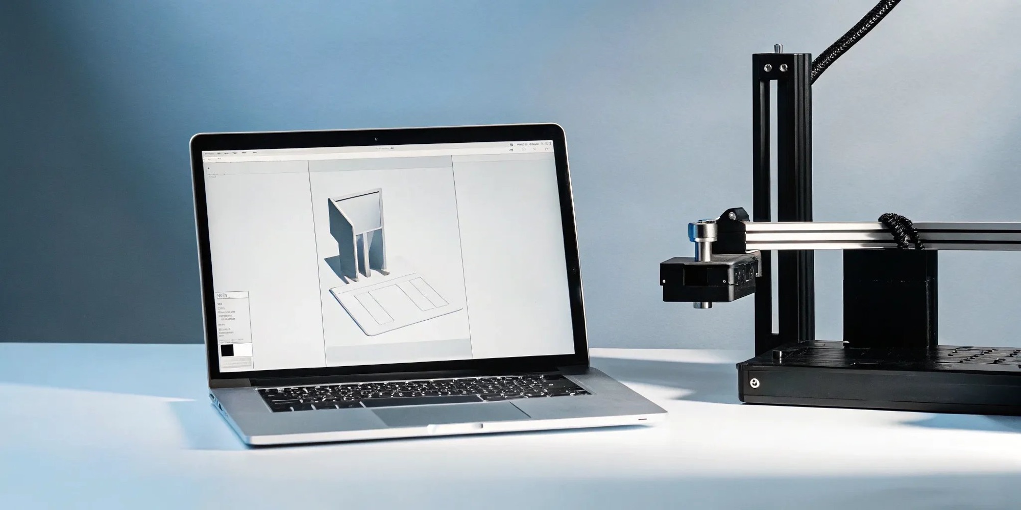 Laptop with 3D design next to a 3D printer, symbolizing product development.