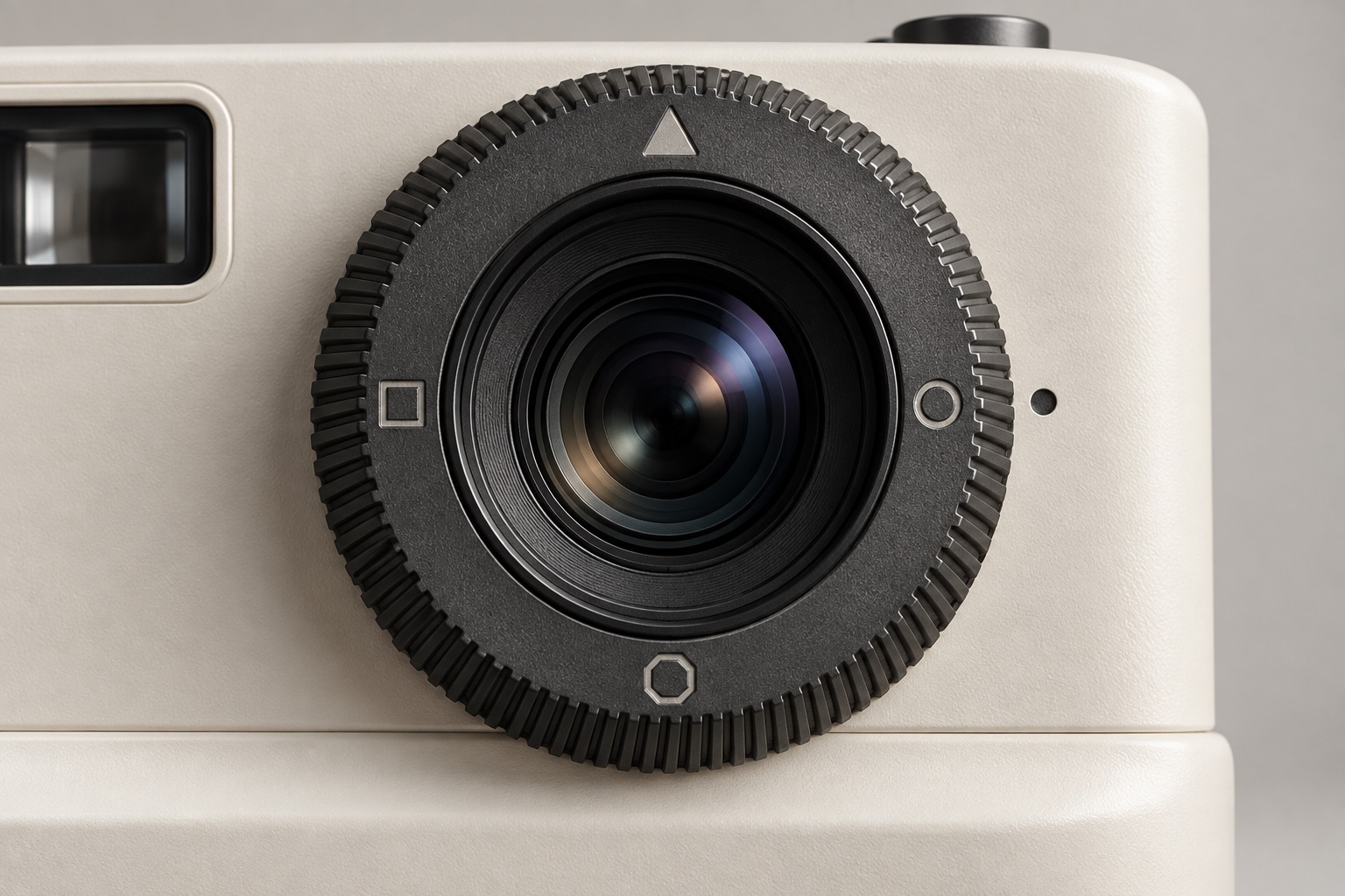 Close view of a textured dark camera selector ring with small geometric symbols on an ivory body.