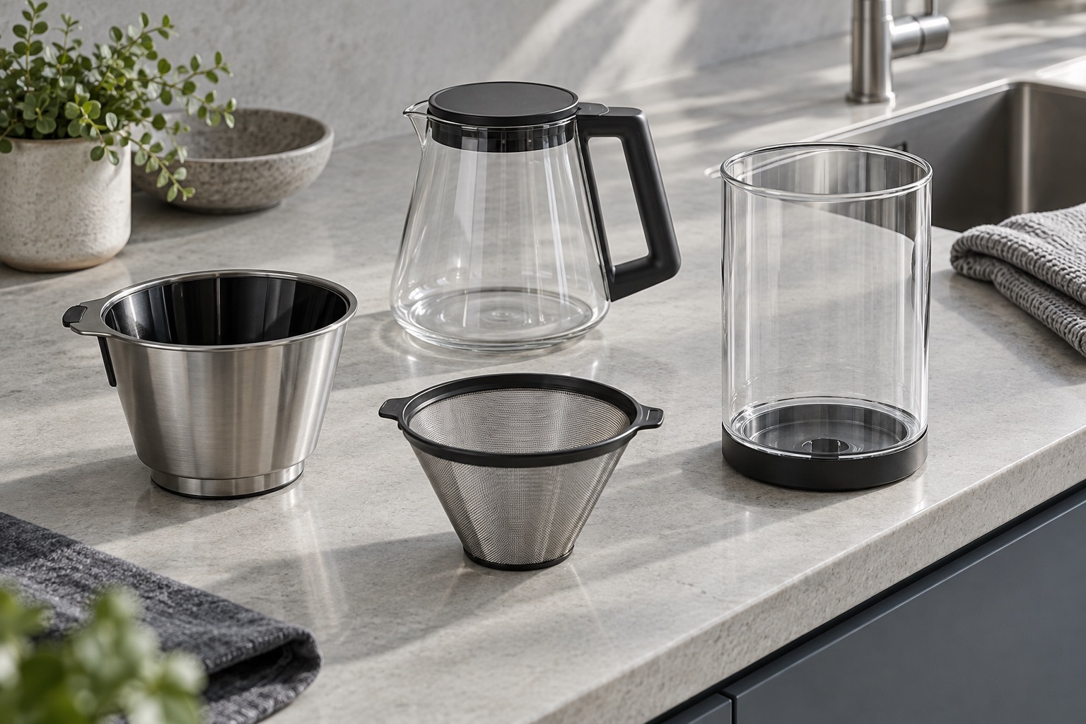 Separate metal brew basket, mesh filter, glass carafe and water vessel arranged beside a sink.