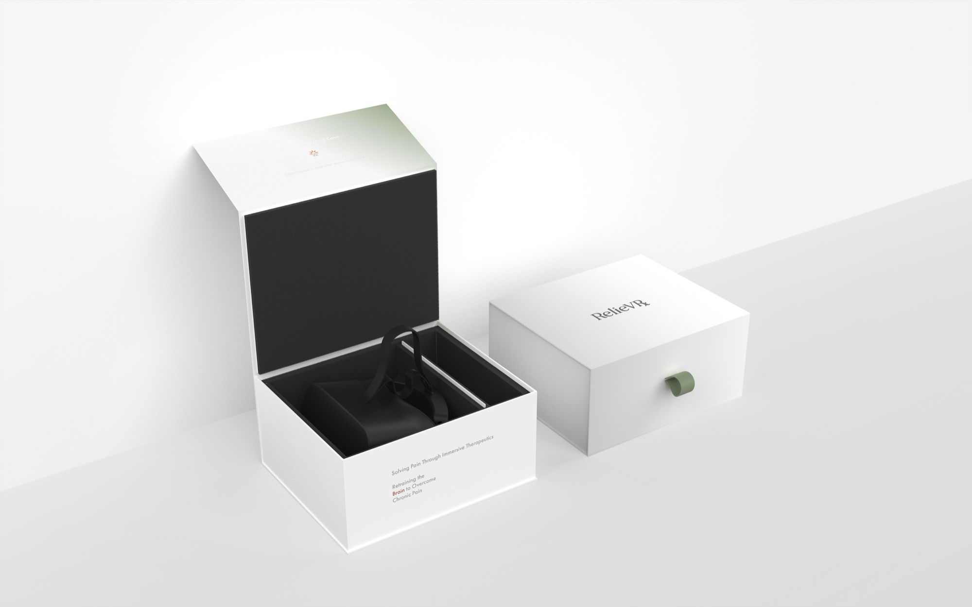 Open packaging of the RelieVRx™ VR headset with the device inside.