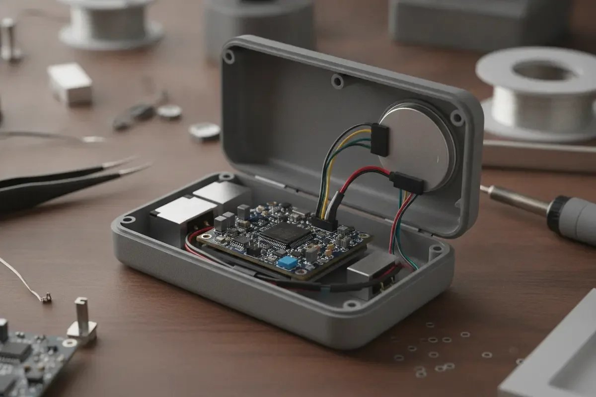 A connected product prototype opened to show the circuit board fitted inside its enclosure
