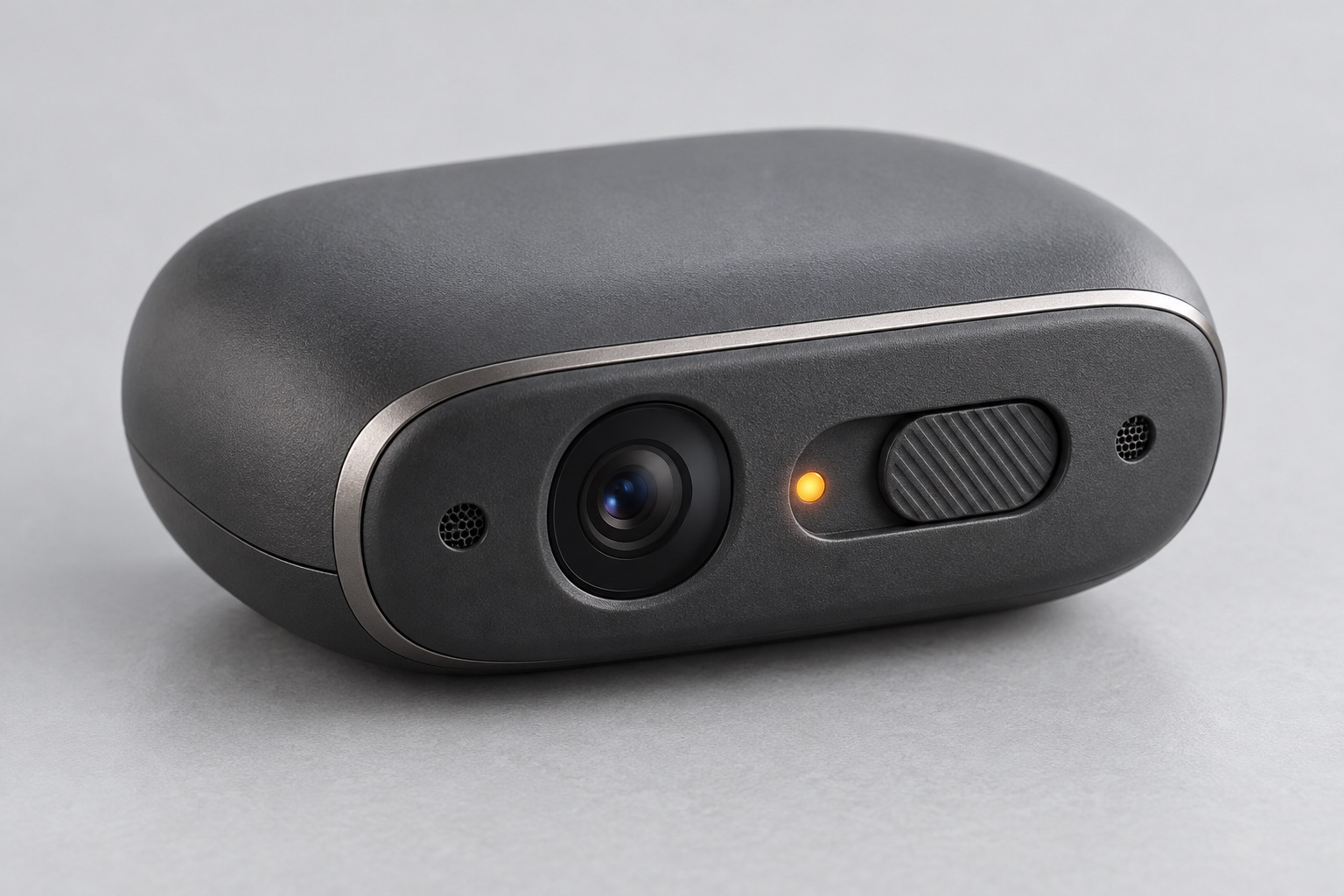 Conceptual illustration of a compact wearable with a camera lens and a small amber privacy indicator.