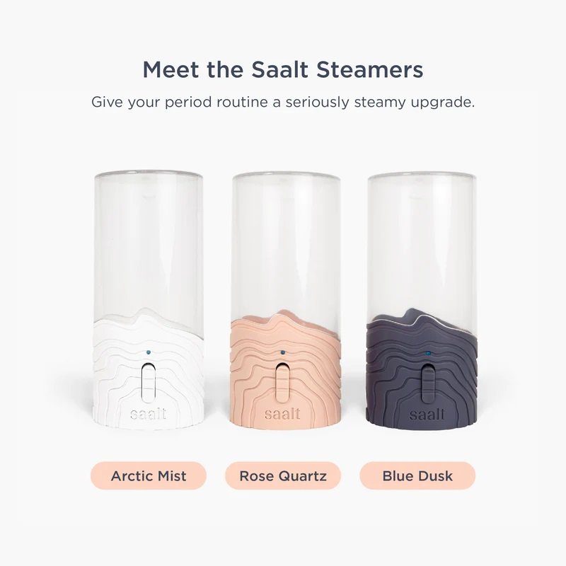 Three color options of Saalt Steamers displayed with product labels