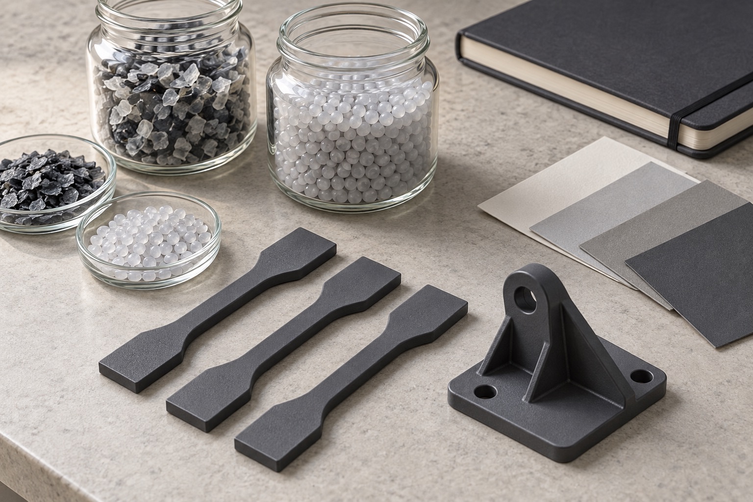 Generic molded test coupons and bracket with material samples.