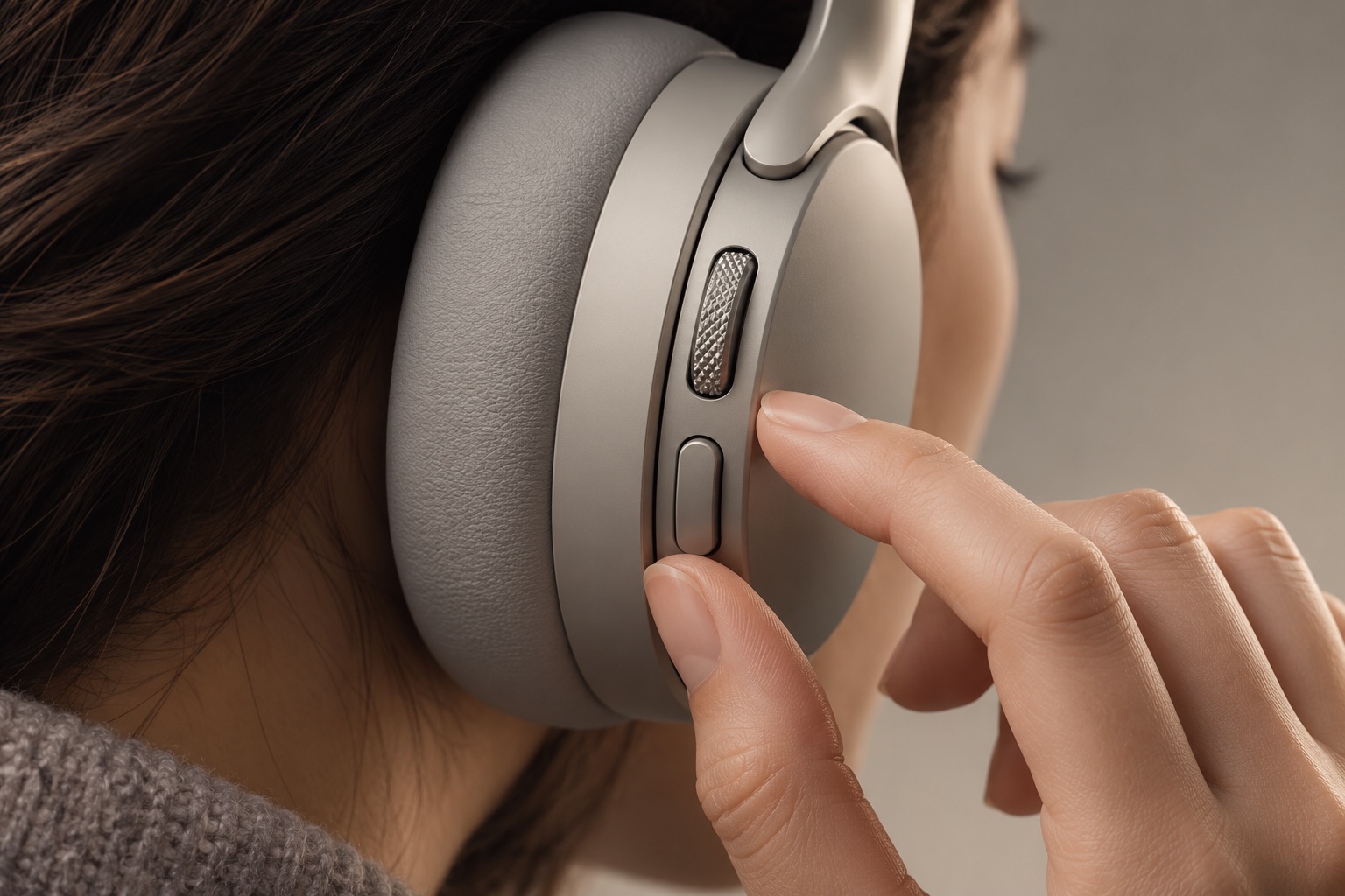 Conceptual illustration, not the real product: a hand operating tactile controls on an unbranded over-ear headphone.