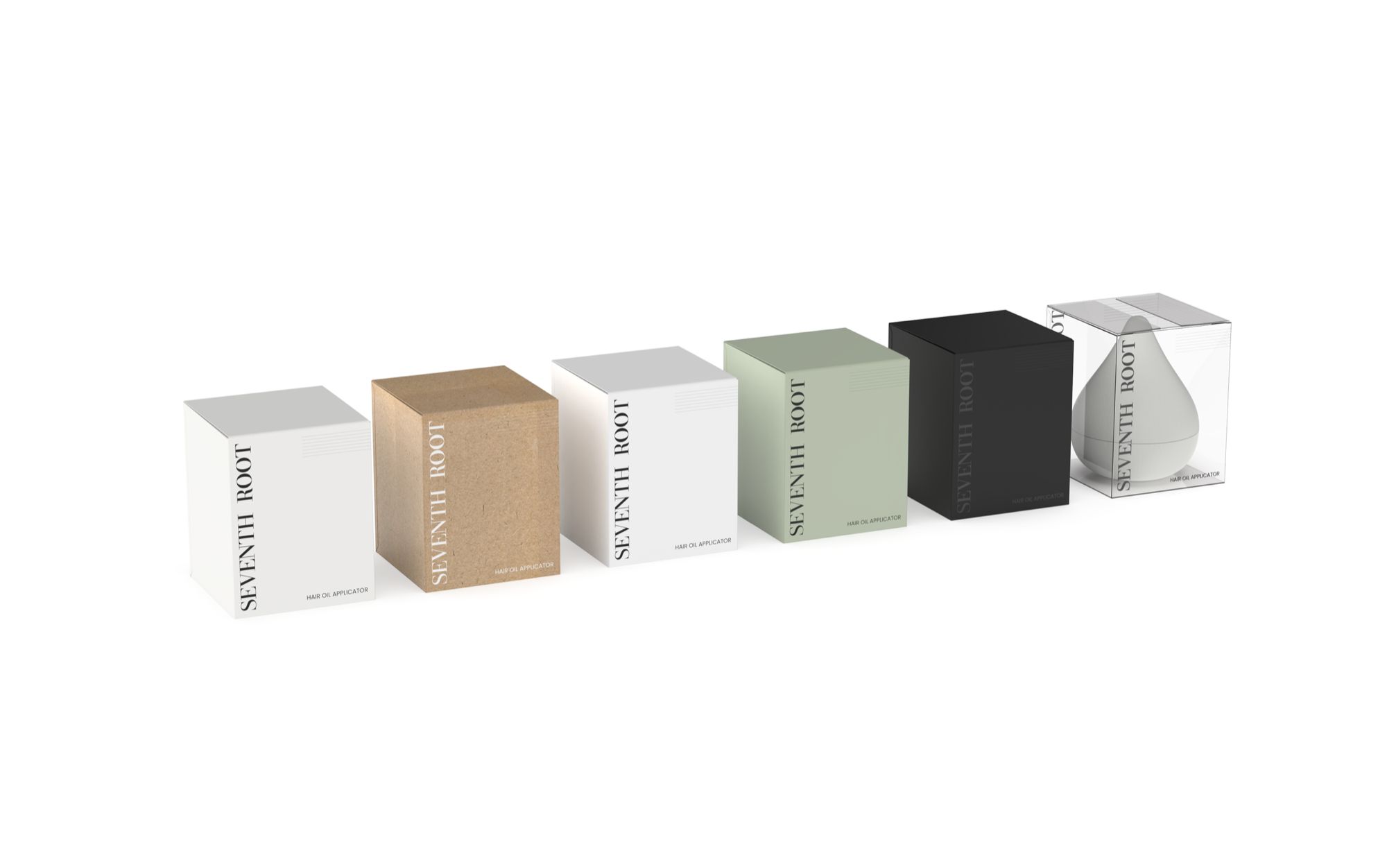Five boxes of Seventh Root hair oil applicator arranged in a row, with different colors and packaging styles.