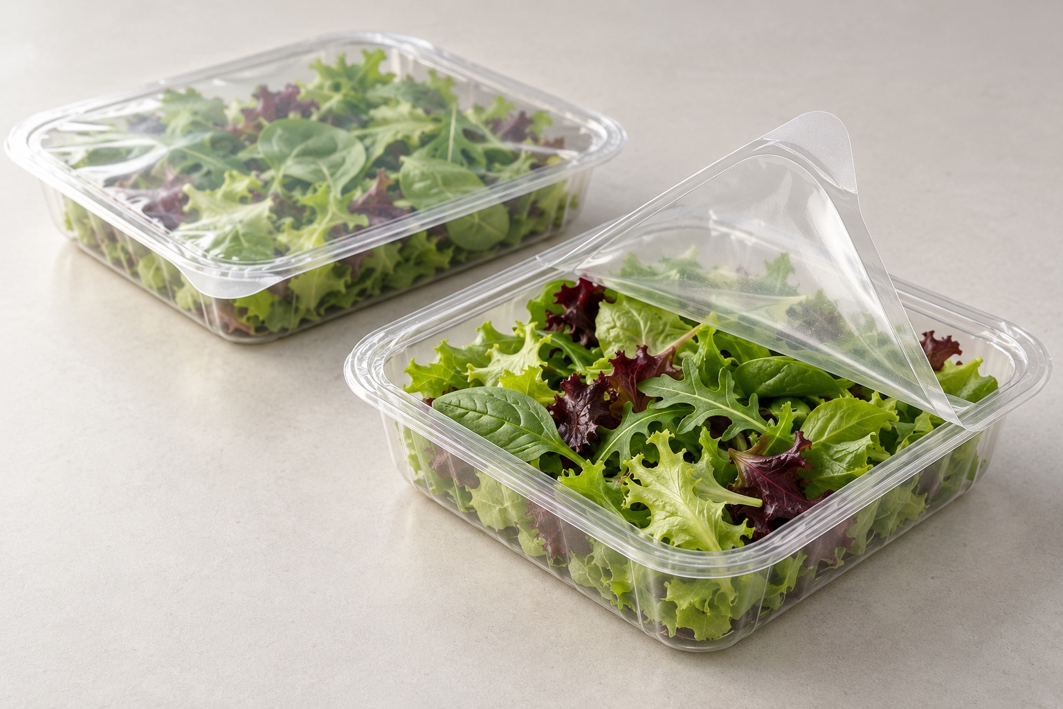 Two generic salad trays showing sealed film and a partially peeled corner tab.