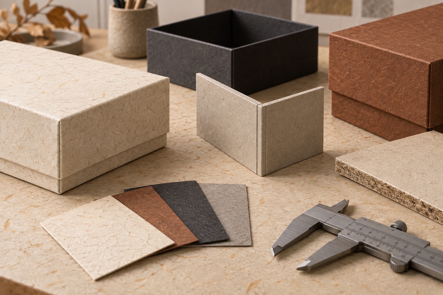 Conceptual illustration of packaging corner, fold, cut edge, and surface samples arranged for material evaluation.