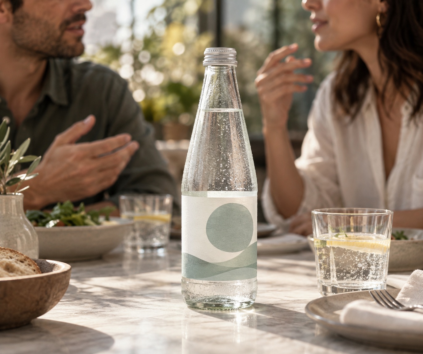 Conceptual illustration, not an actual campaign: two diners talking with a generic unlabeled-brand bottle in the foreground.