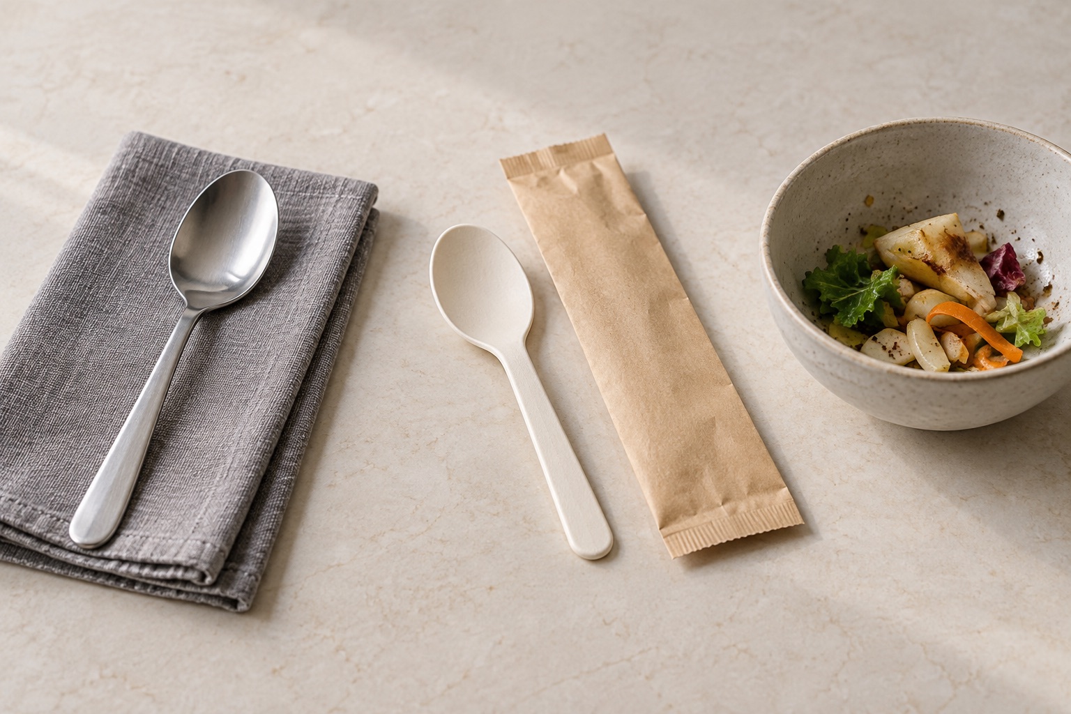 Reusable and molded spoons, a blank sleeve and a separate bowl of food scraps.