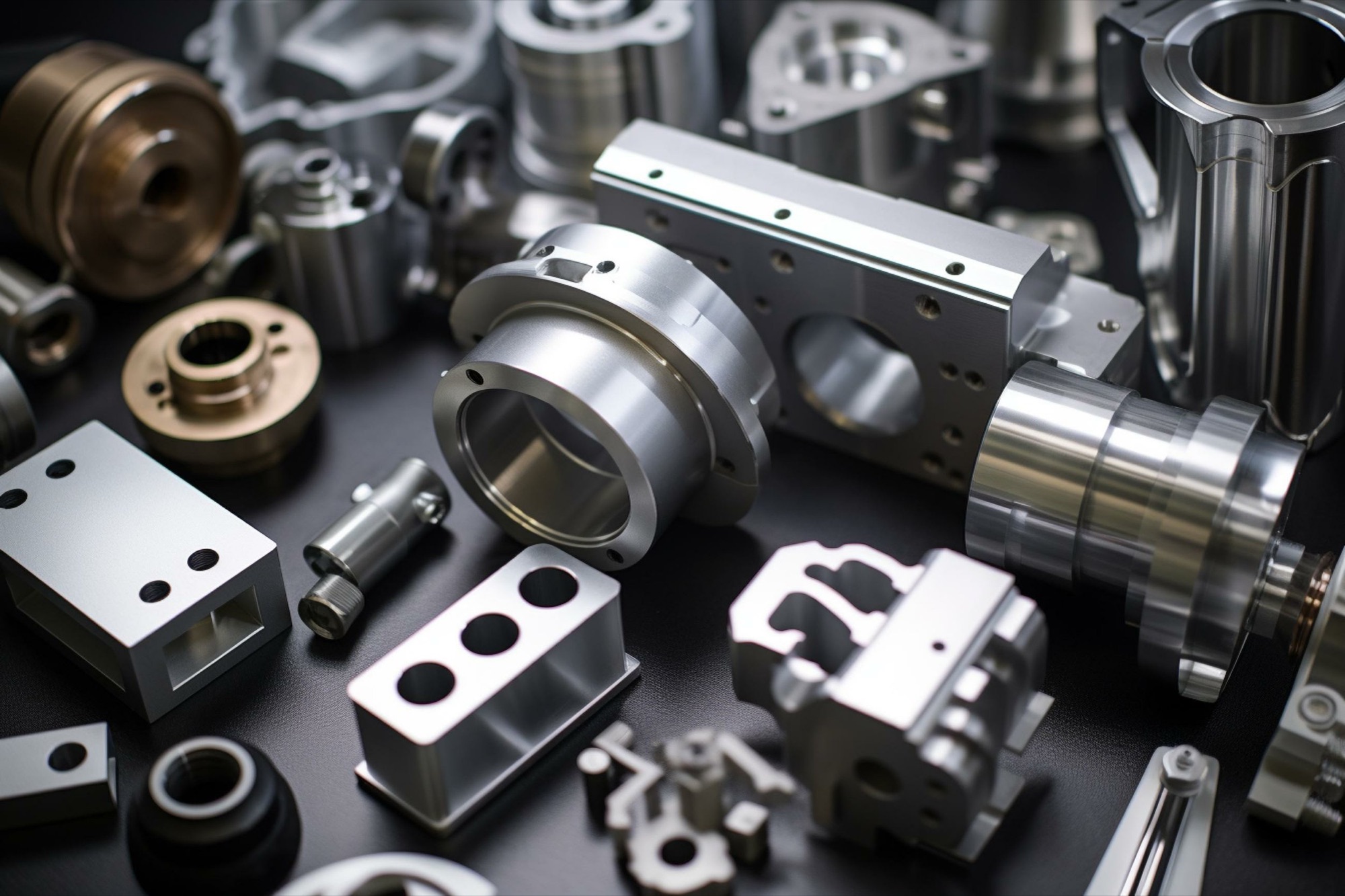 Various machined metal parts, components, and engine parts laid out on a black surface.