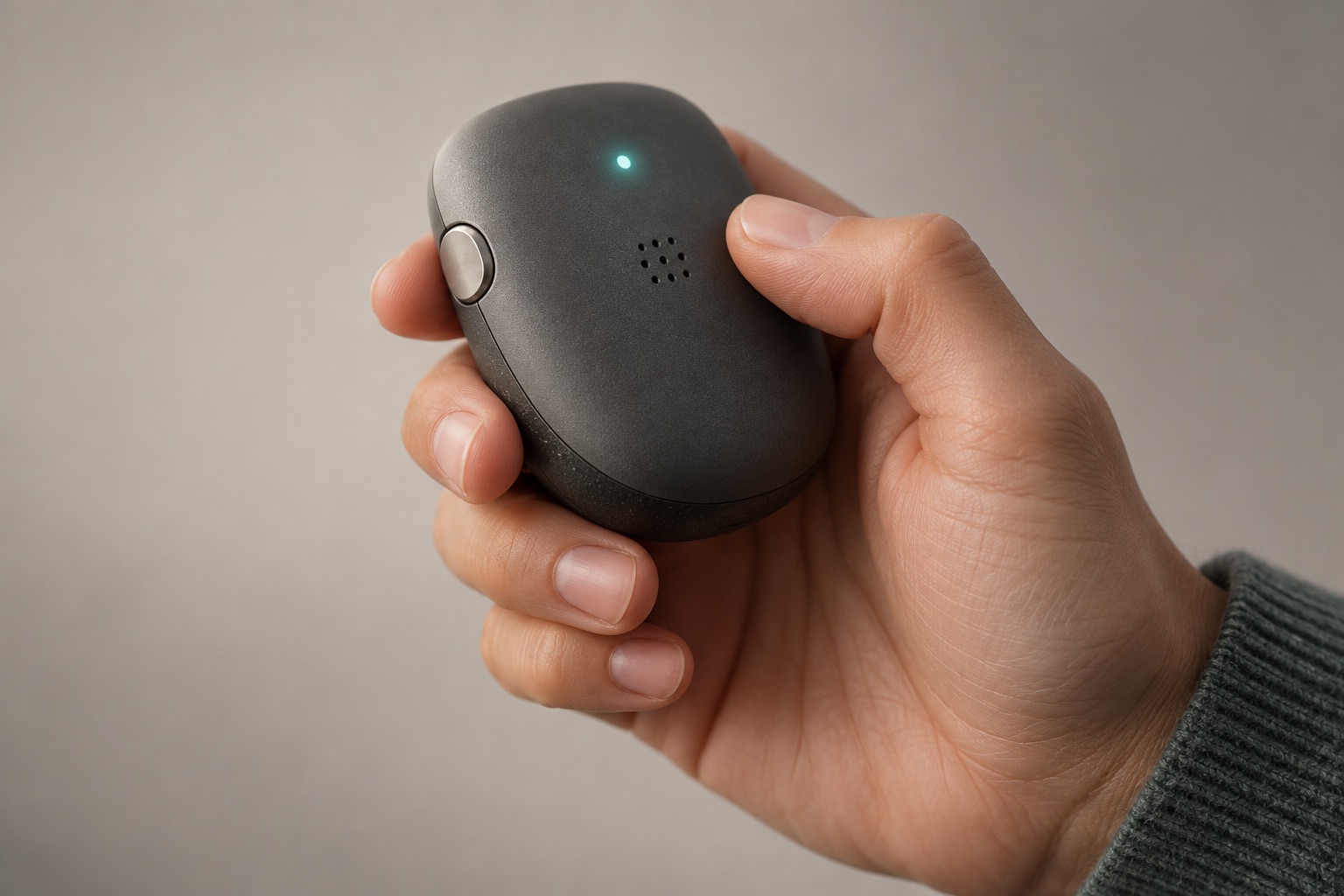 Conceptual illustration of a hand holding a generic compact voice device with a tactile edge control and subtle indicator light.