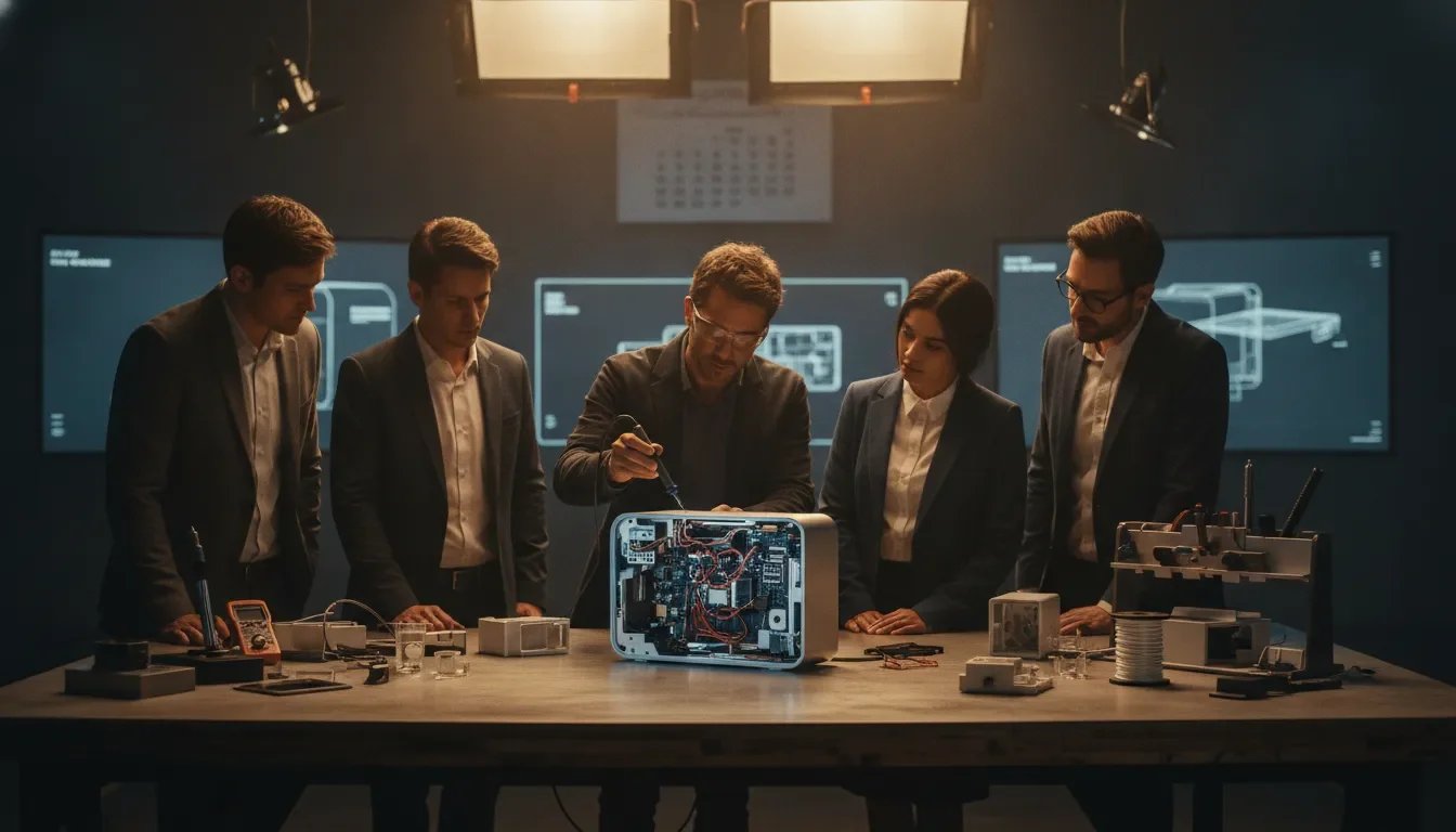 Industrial designers and product developers collaborating around a workbench with physical prototypes and components