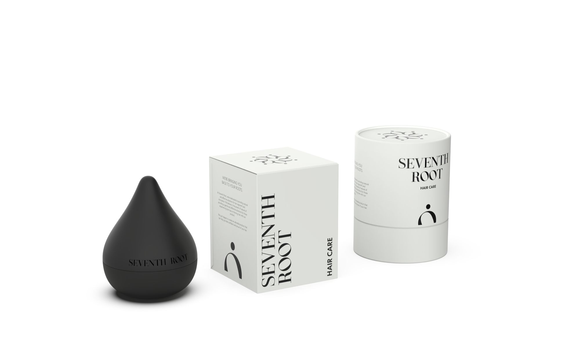 Black droplet-shaped container and two white boxes and a white cylindrical container for Seventh Root hair care products.