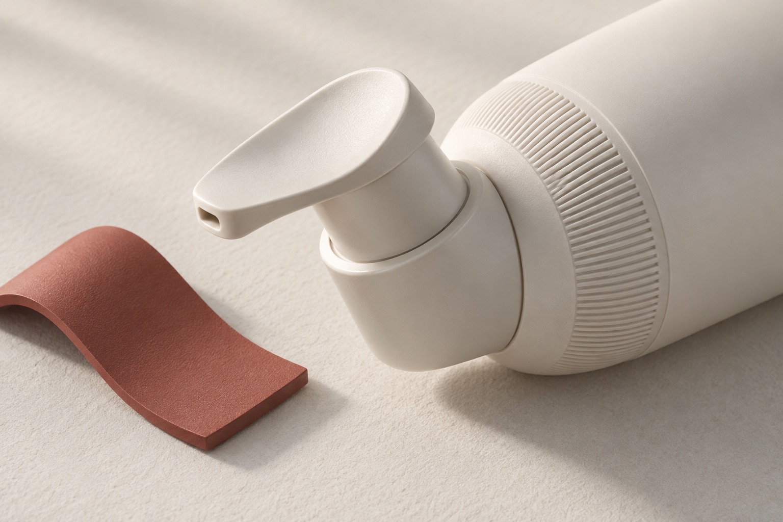 Concept showing tactile details on an unbranded skincare dispenser.