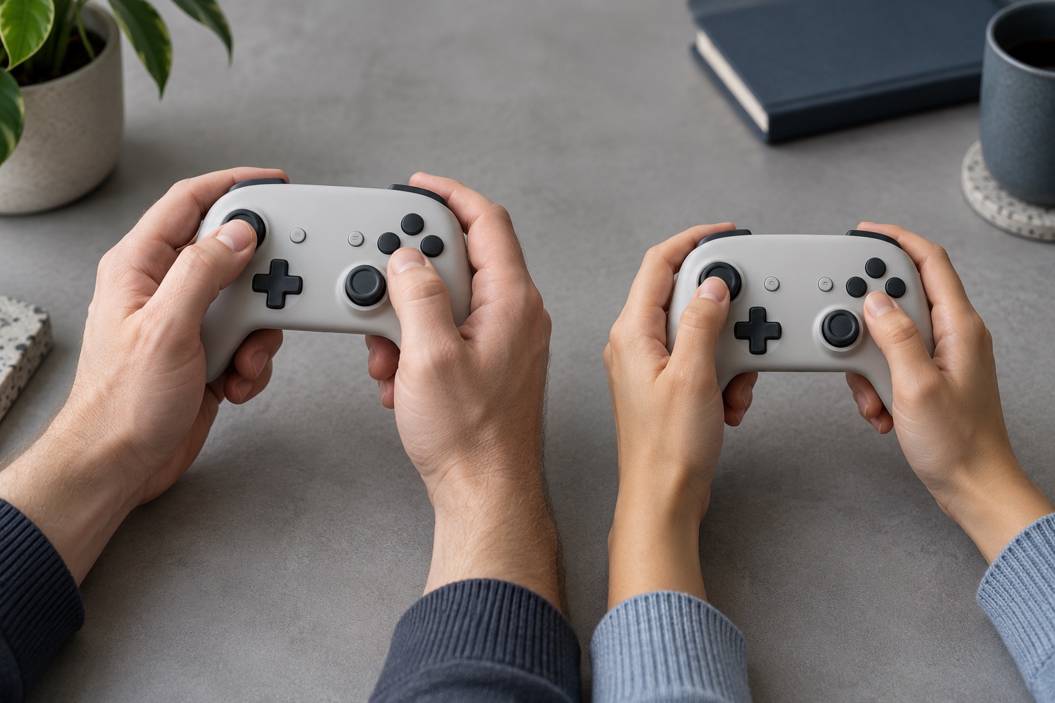 Hands of different sizes holding a compact controller to compare thumb reach and grip support