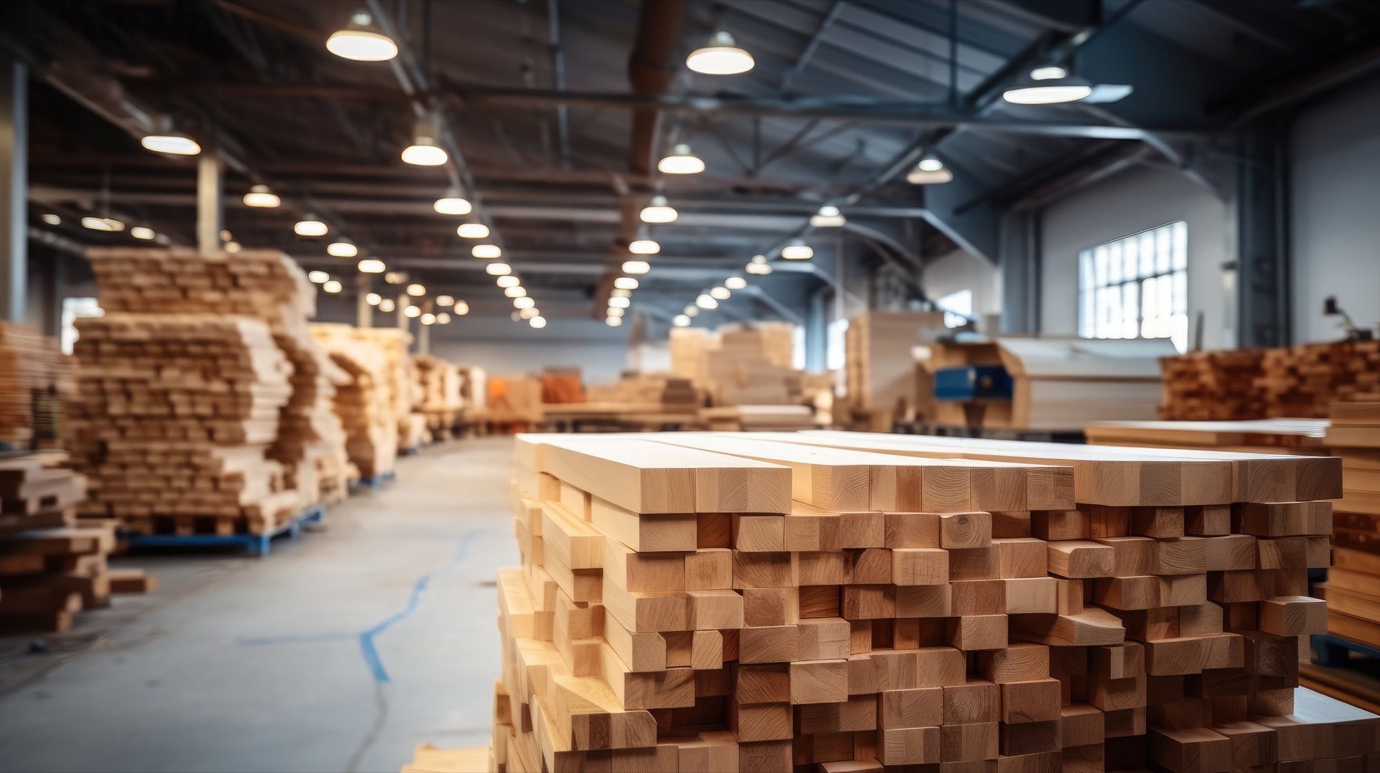 Stacked wooden planks in a lumber warehouse.