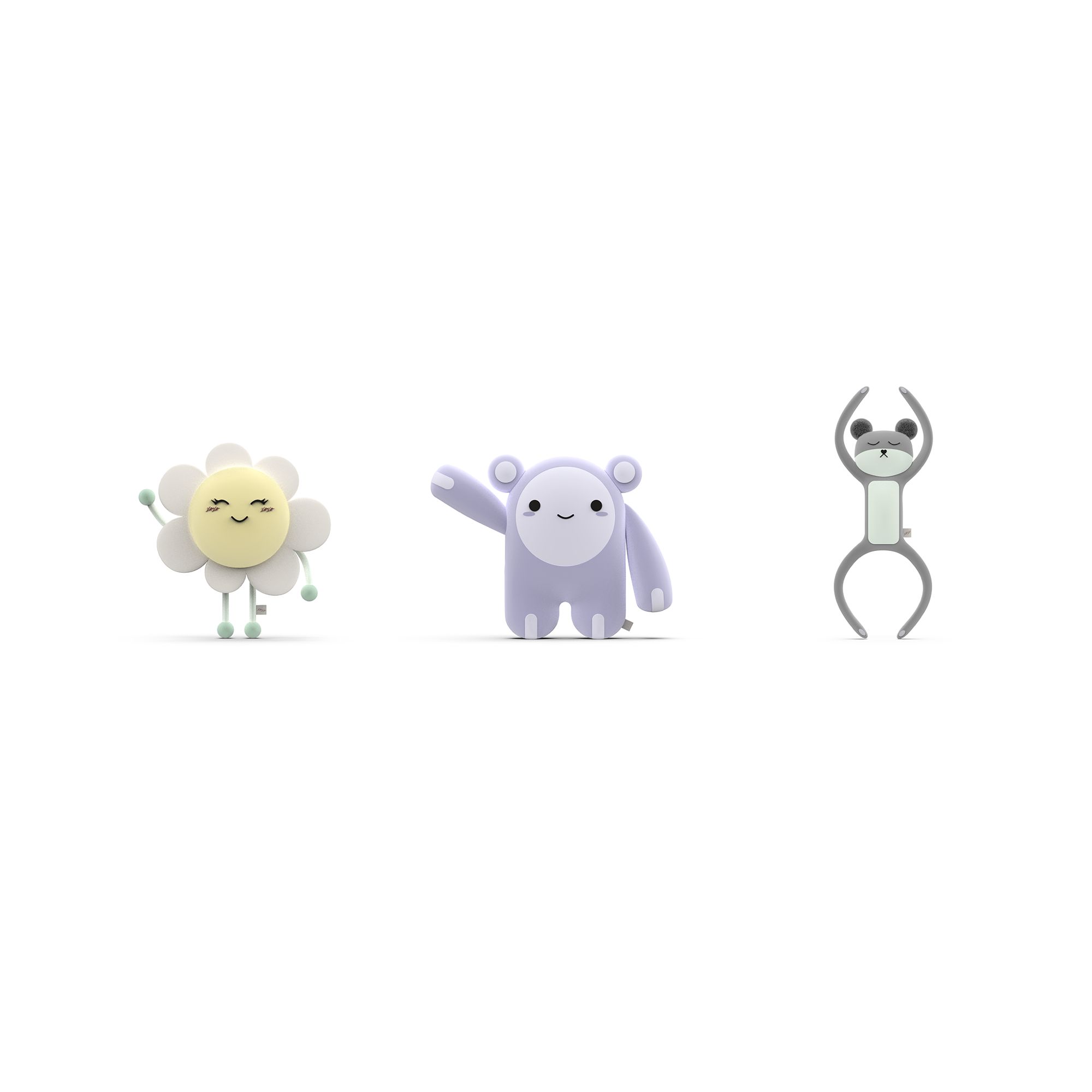 Cartoon-style characters of a flower, bear, and sloth representing Kaia Comfort heated stuffed animals.