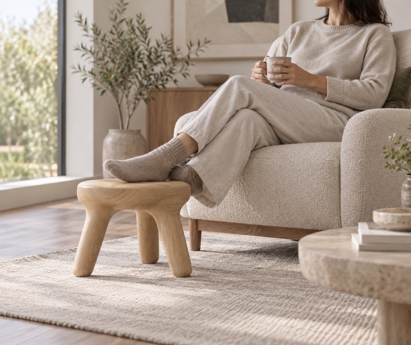 Conceptual illustration, not GUBI’s actual product: an unbranded low wooden stool beside a lounge chair to explore occasional seating context.
