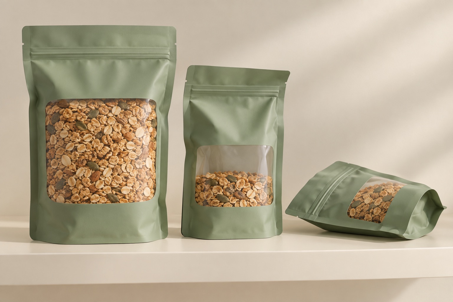 Sage snack pouch concepts showing different fill levels and shelf orientations.