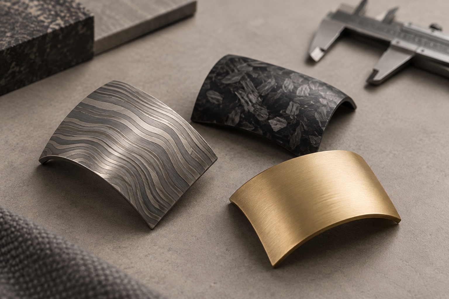 Conceptual illustration of contrasting patterned metal and composite material samples for a generic product design study.