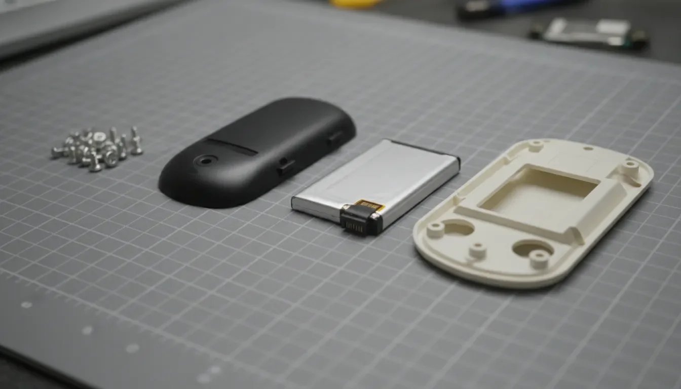 Opened handheld device with screws, a snap-fit cover, a battery module, and a plastic housing laid out in removal orde.