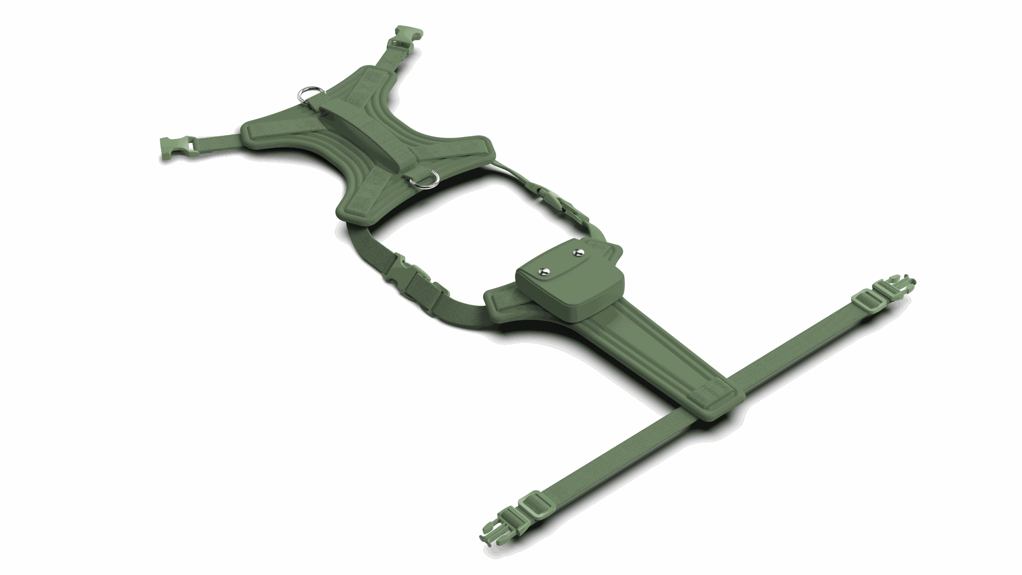 Green tactical military harness with adjustable straps and buckles, designed for carrying equipment.