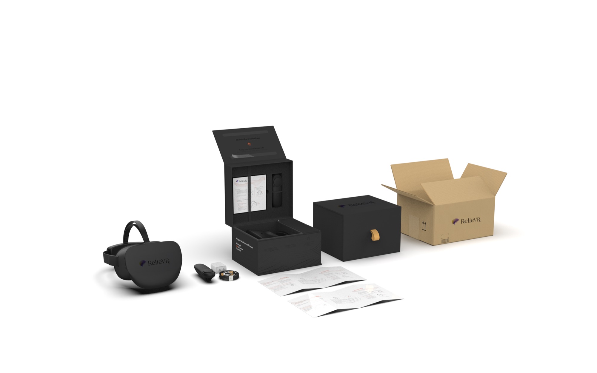 RelieVR virtual reality kit with VR headset, accessories, and packaging, on a white background.
