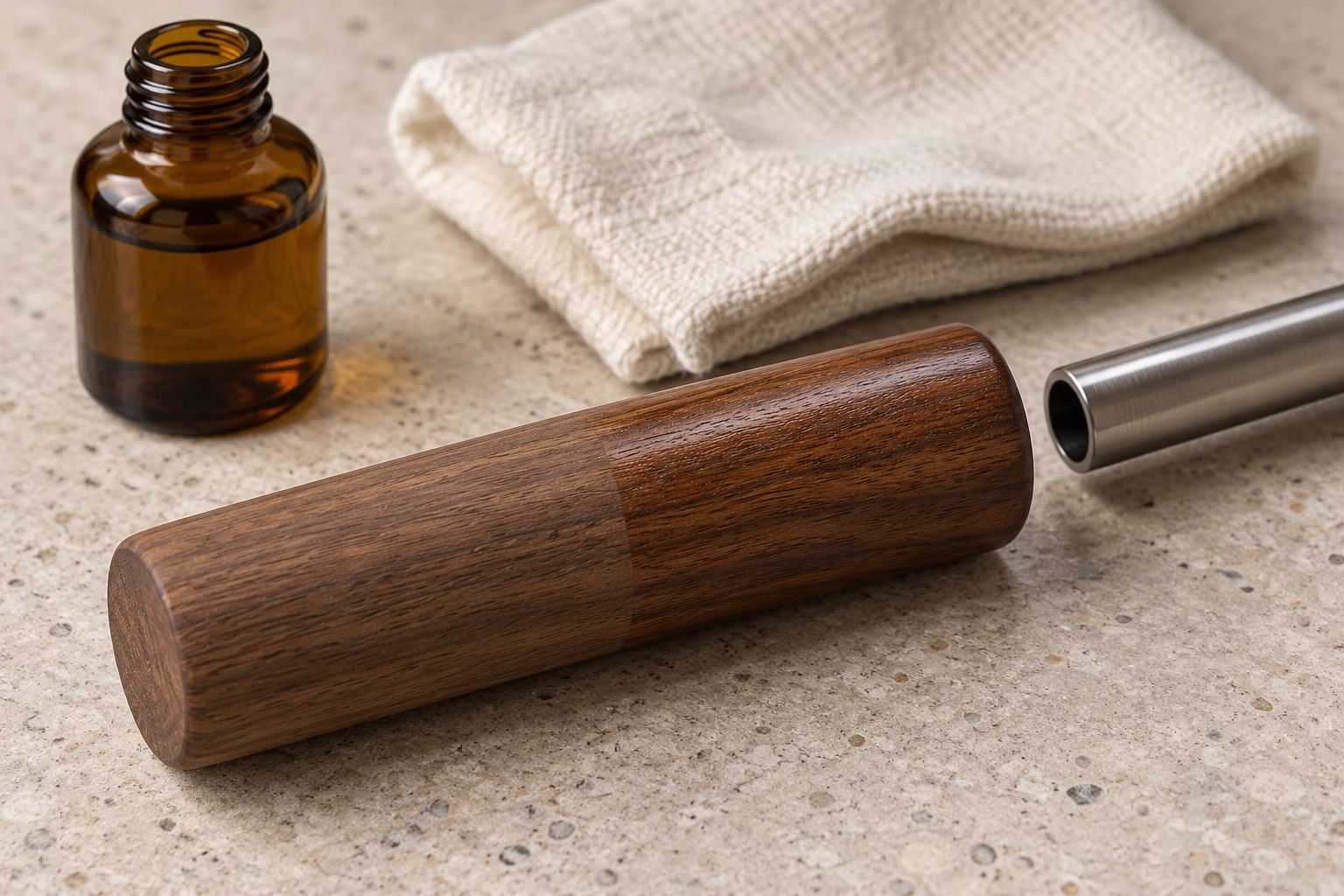 Conceptual illustration of a walnut sample, soft cloth and unlabeled oil bottle.