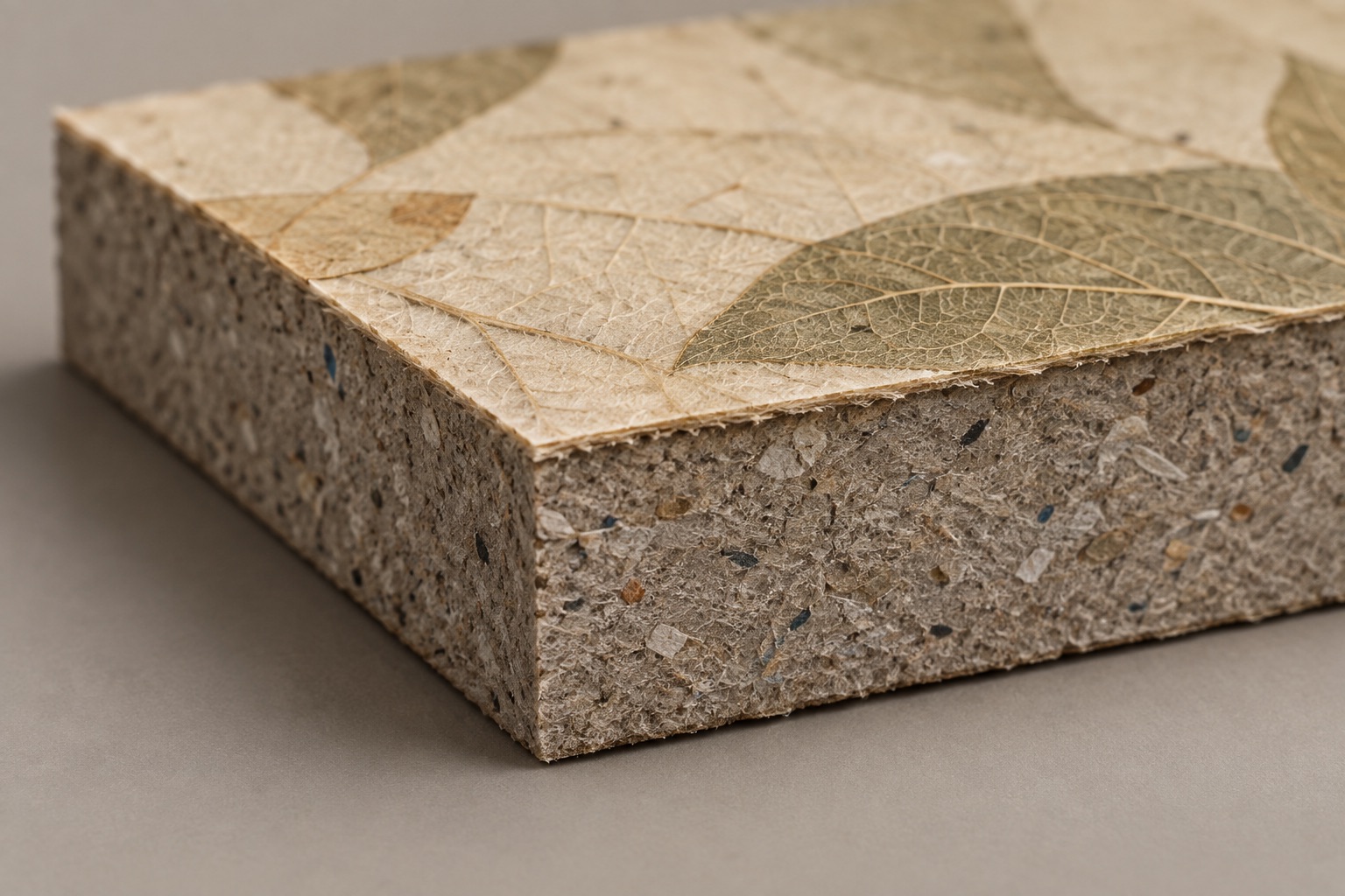 Conceptual illustration showing a layered packaging material sample with a solid board base and leaf-paper face layer.