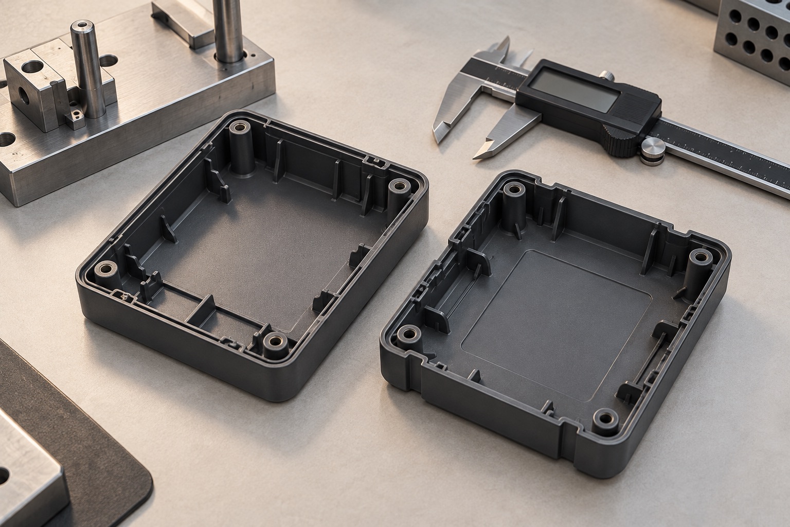 Two generic molded enclosure halves and inspection tools.