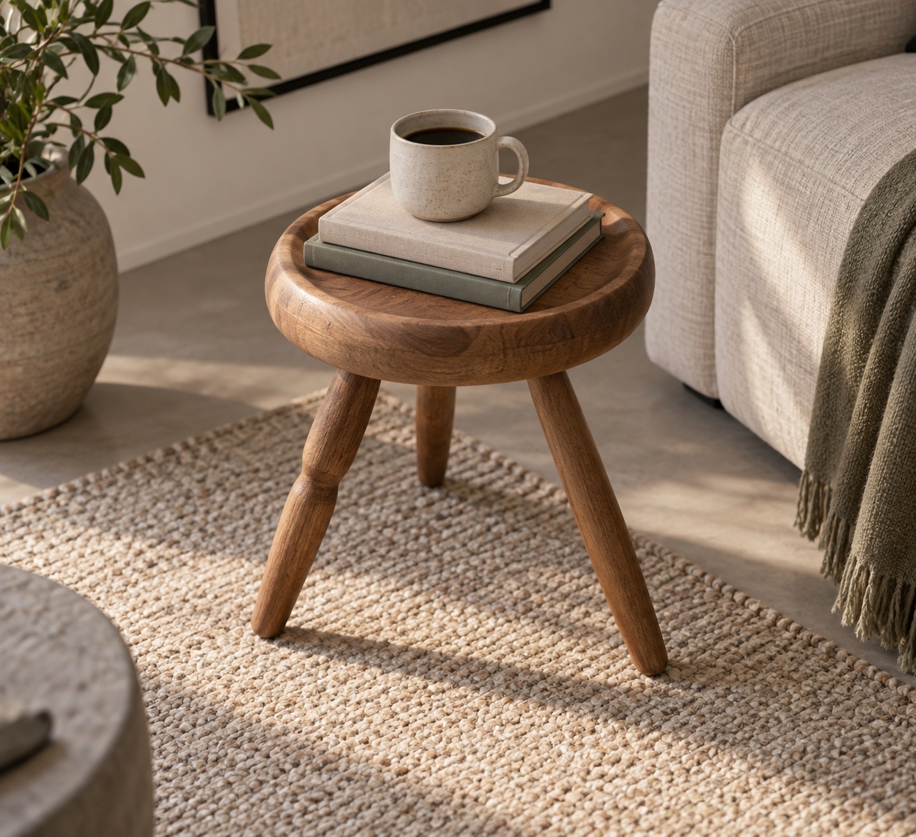 Conceptual illustration, not GUBI’s actual product: a low unbranded wooden stool used as a side surface beside a chair.