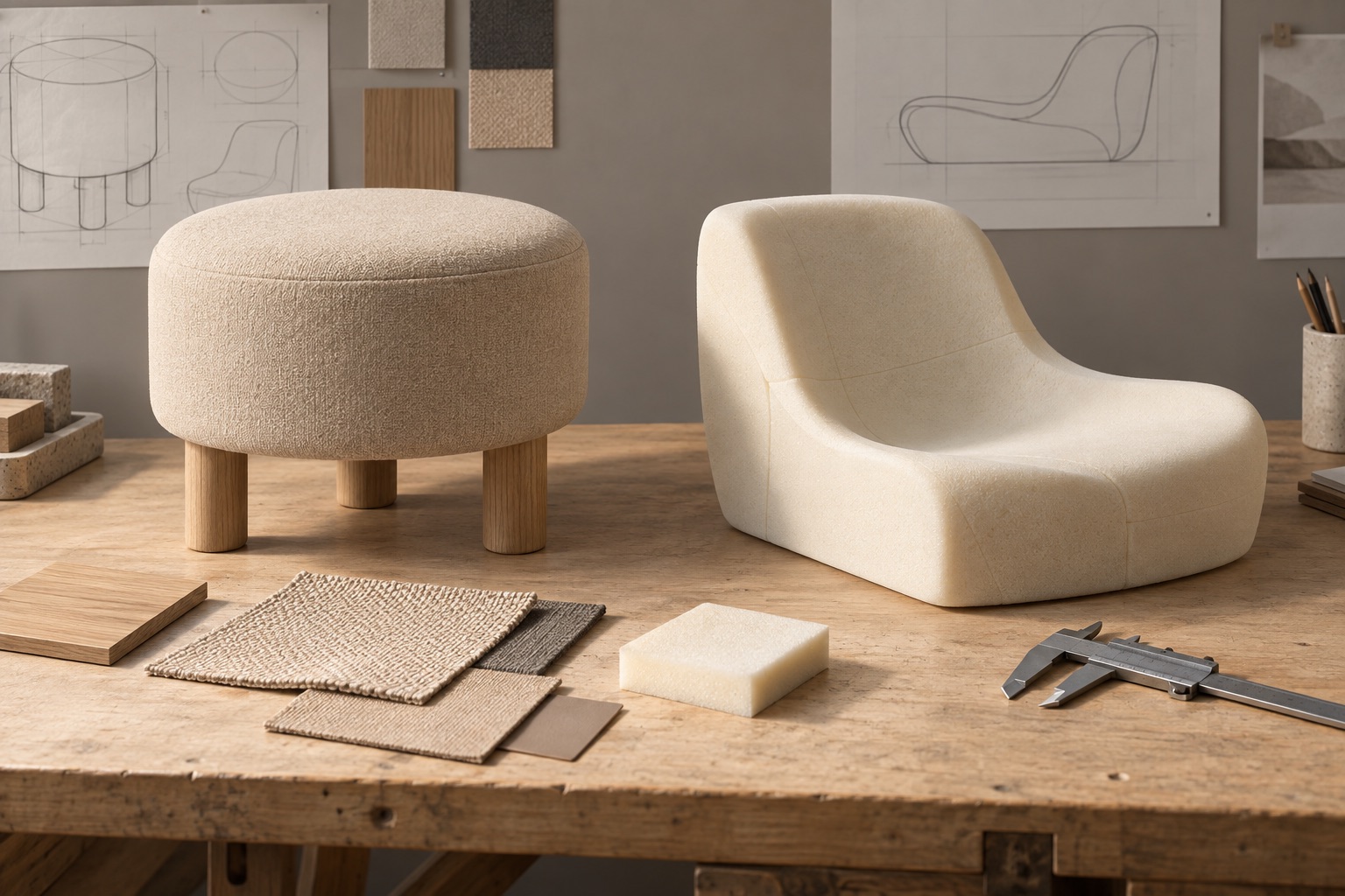 Generic stool and foam seat model on a design review bench.