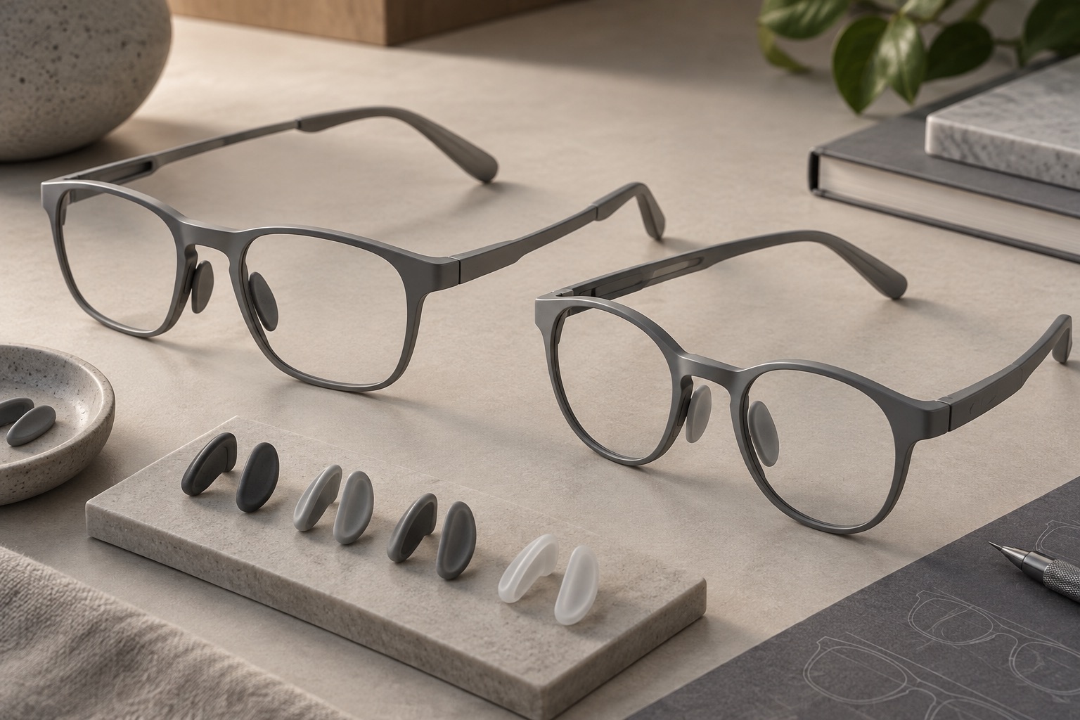 eyewear frame concepts with separate nose pad samples.