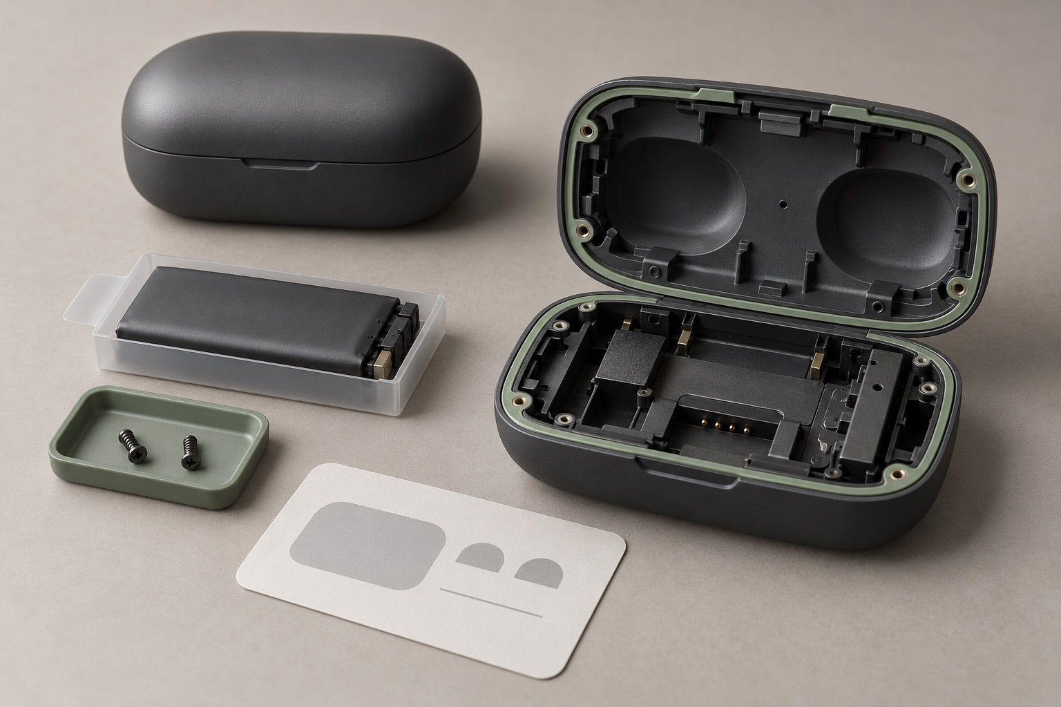 Conceptual illustration of a generic serviceable charging-case enclosure and replacement battery.