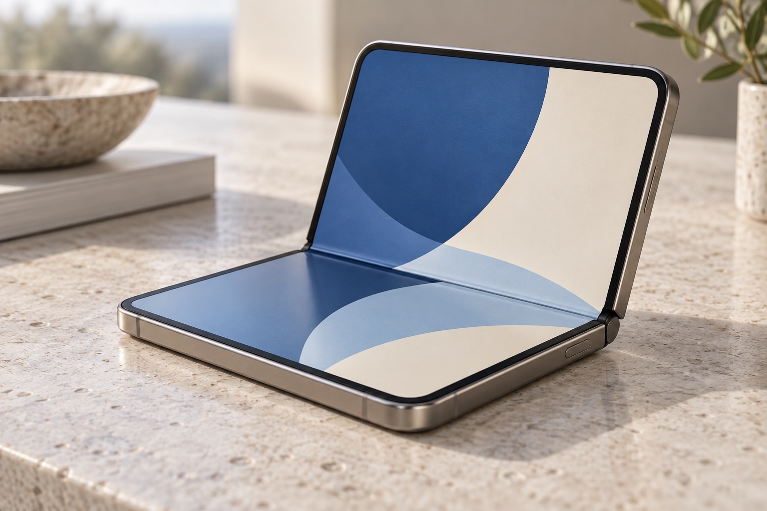 Conceptual folding handheld device resting partly open on a tabletop.