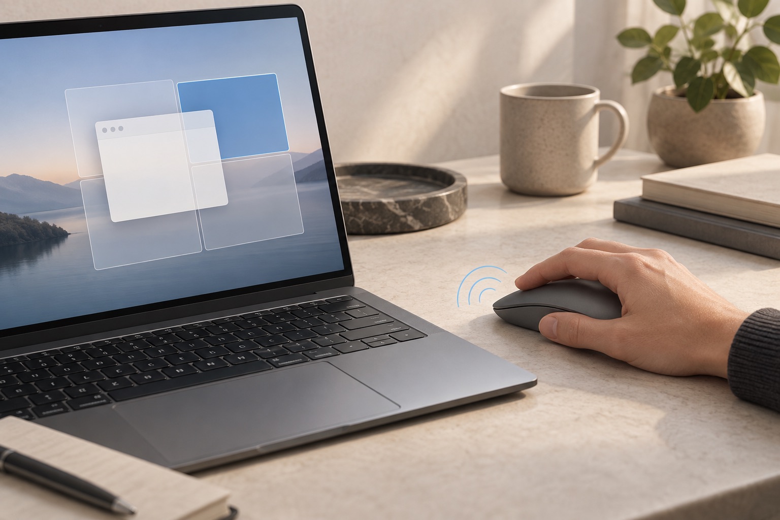 Conceptual laptop and generic mouse illustrating tactile confirmation when a window snaps into place