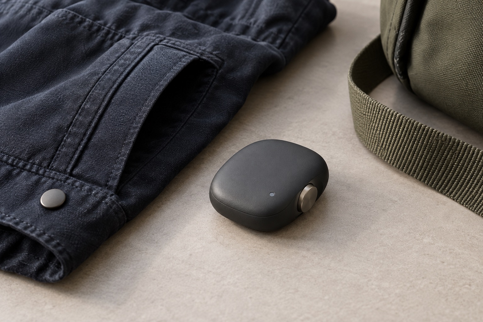 Conceptual illustration of a generic small voice device placed between a jacket pocket and a plain fabric loop, exploring portability contexts.