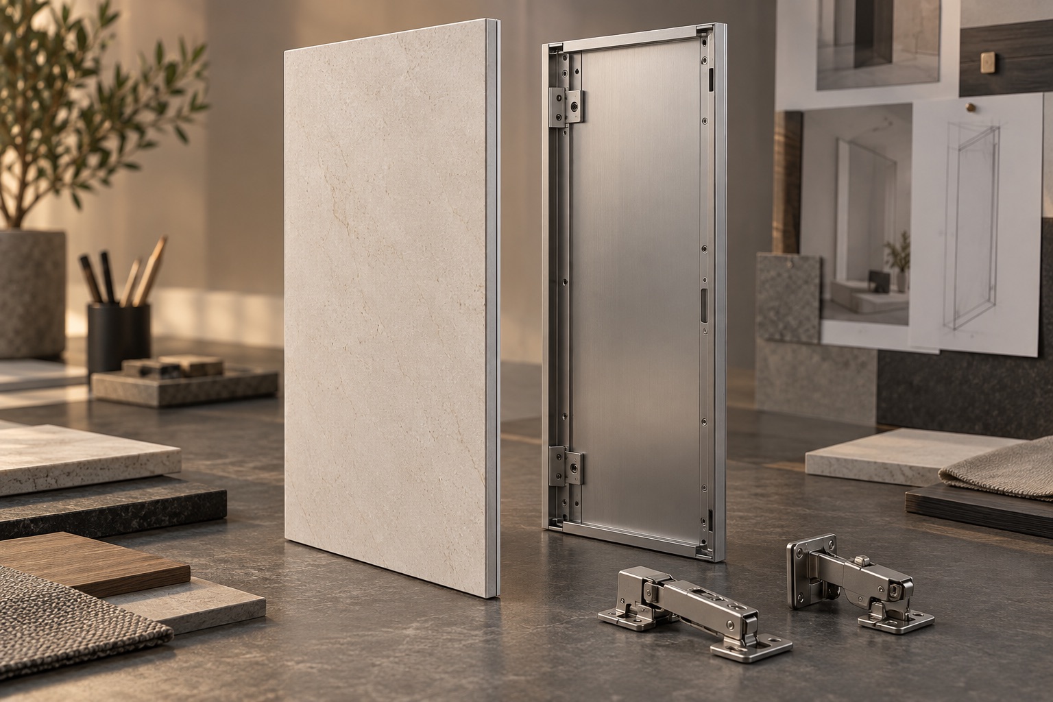 Slim pale surface panel, aluminum carrier and hinge samples arranged on a design workbench.