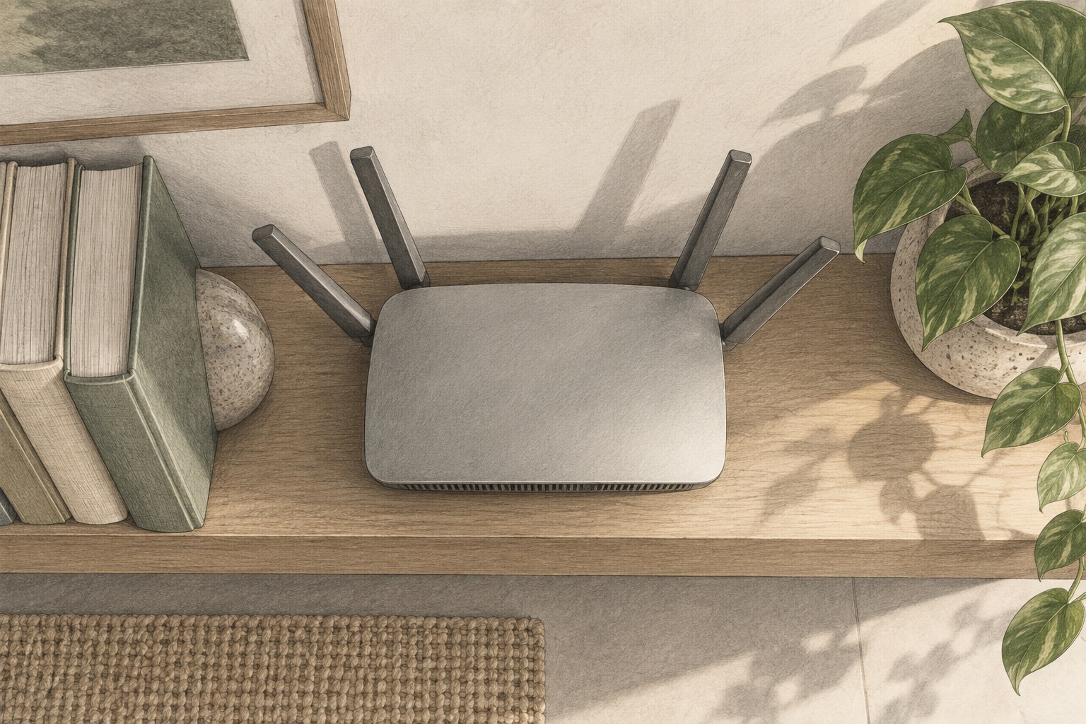 Top-down conceptual study of a router with antennas positioned near a shelf wall, books and a plant.